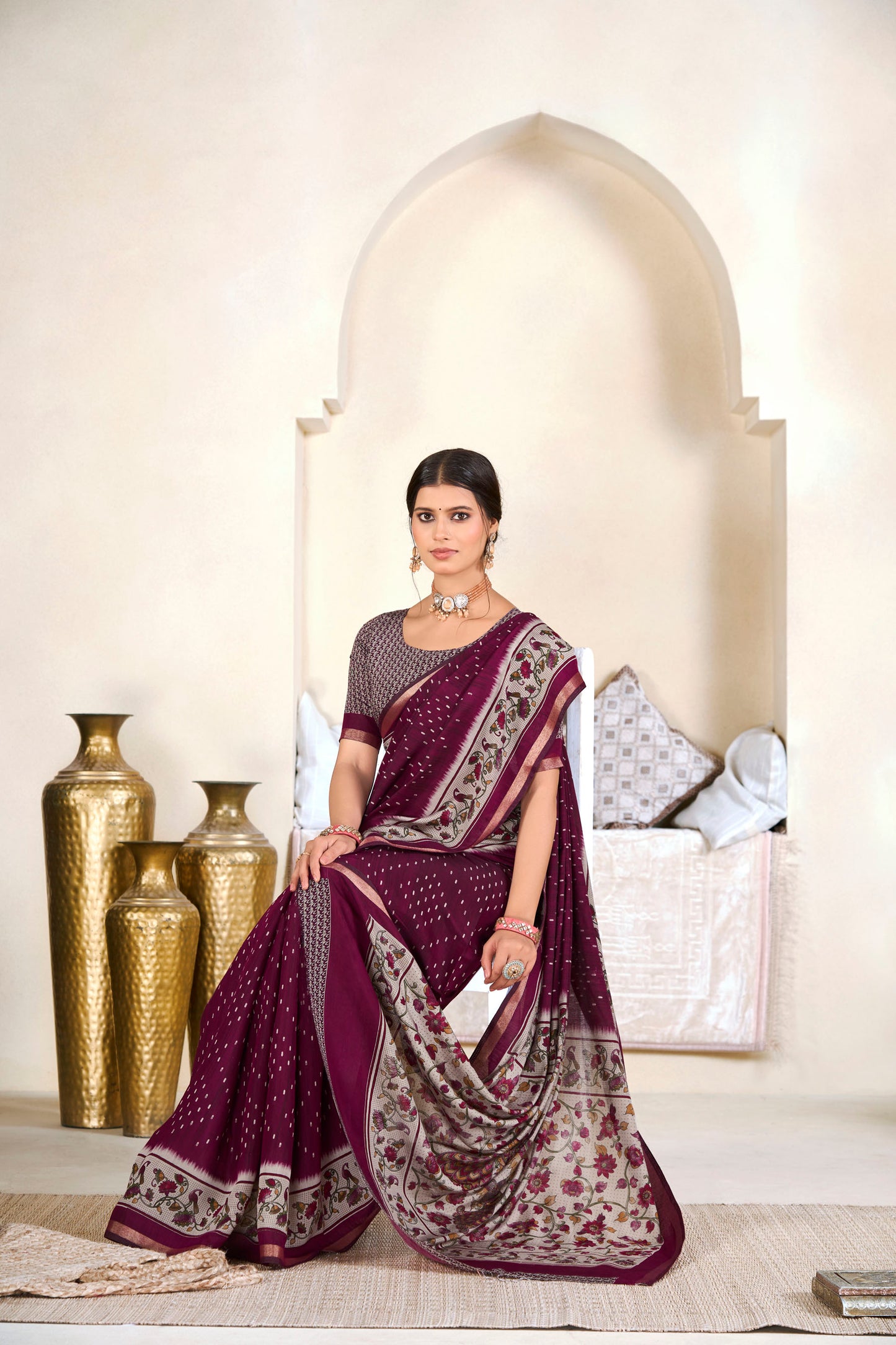 Monalisa - Wine Printed Liva Cotton Silk Saree