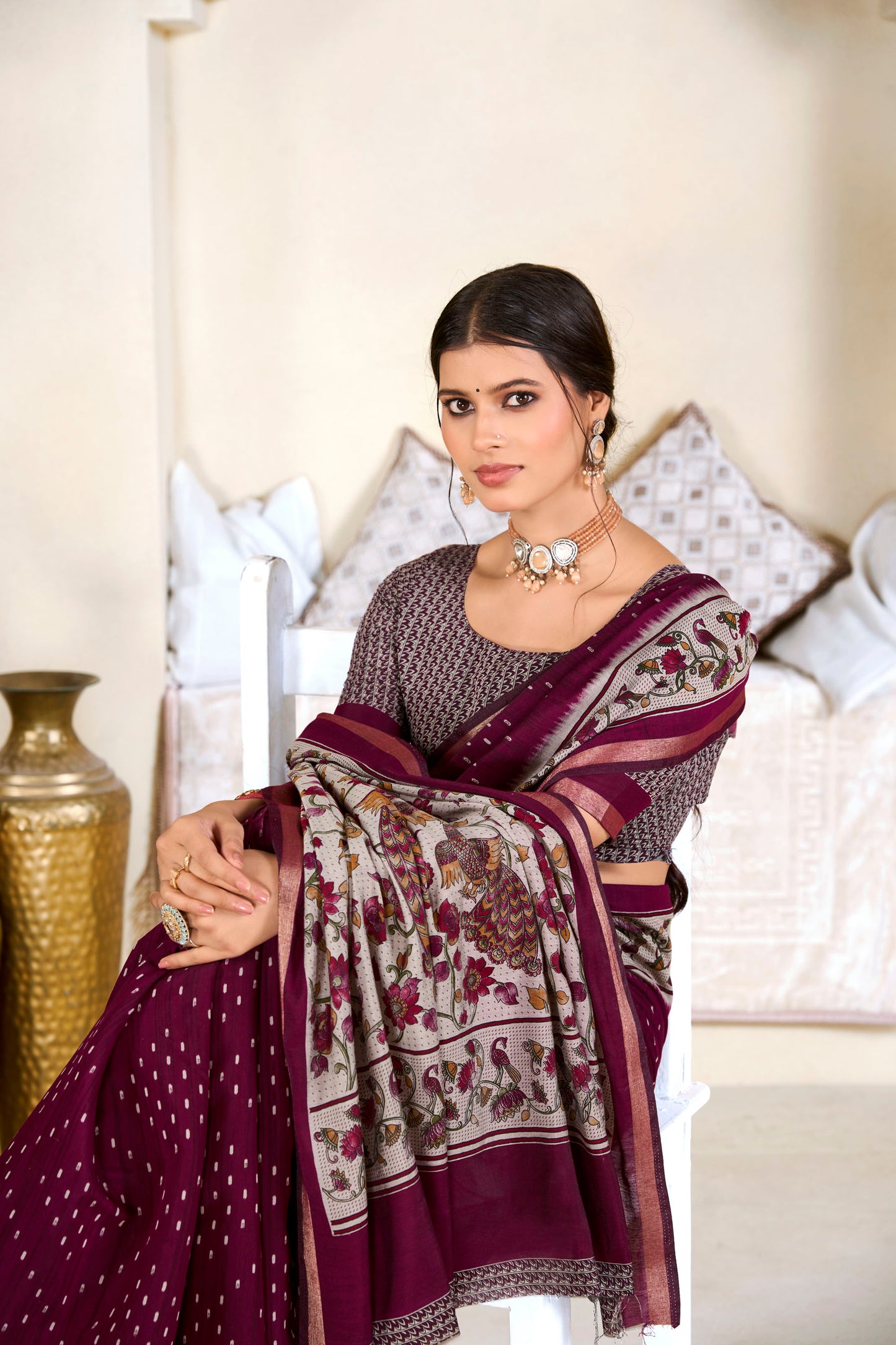 Monalisa - Wine Printed Liva Cotton Silk Saree