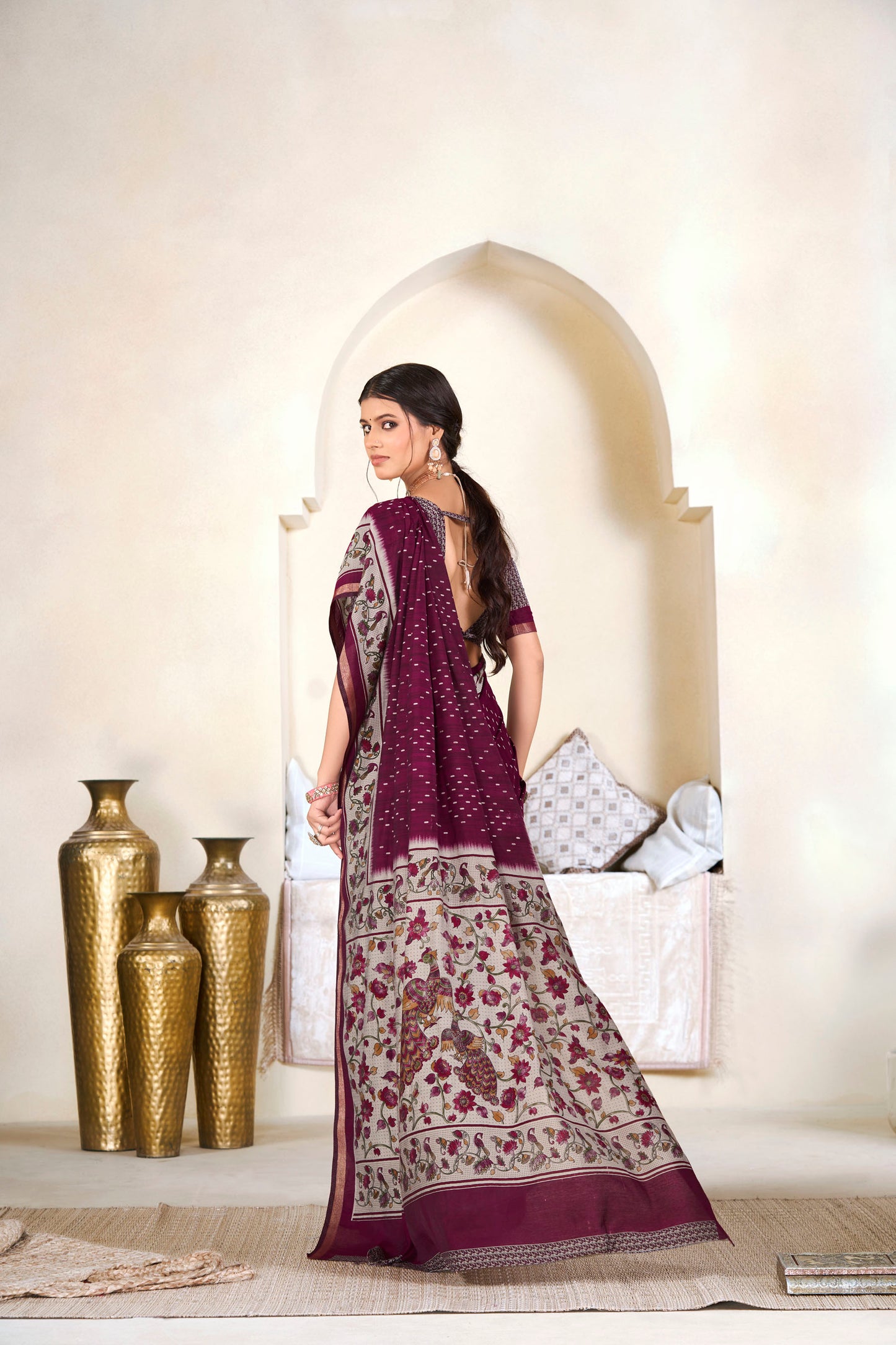 Monalisa - Wine Printed Liva Cotton Silk Saree