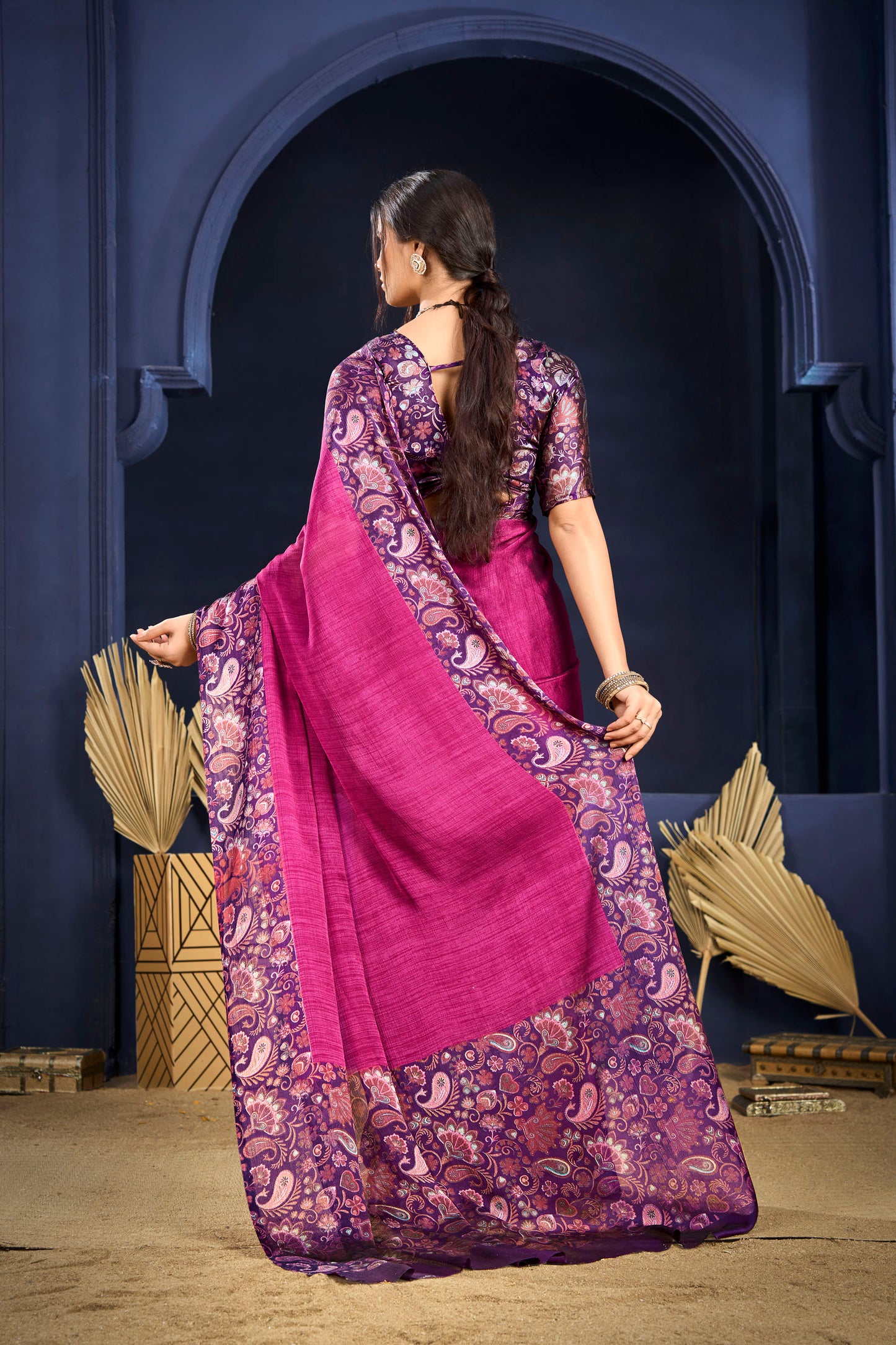 Varnika - Pink Printed Flow Chiffon Saree