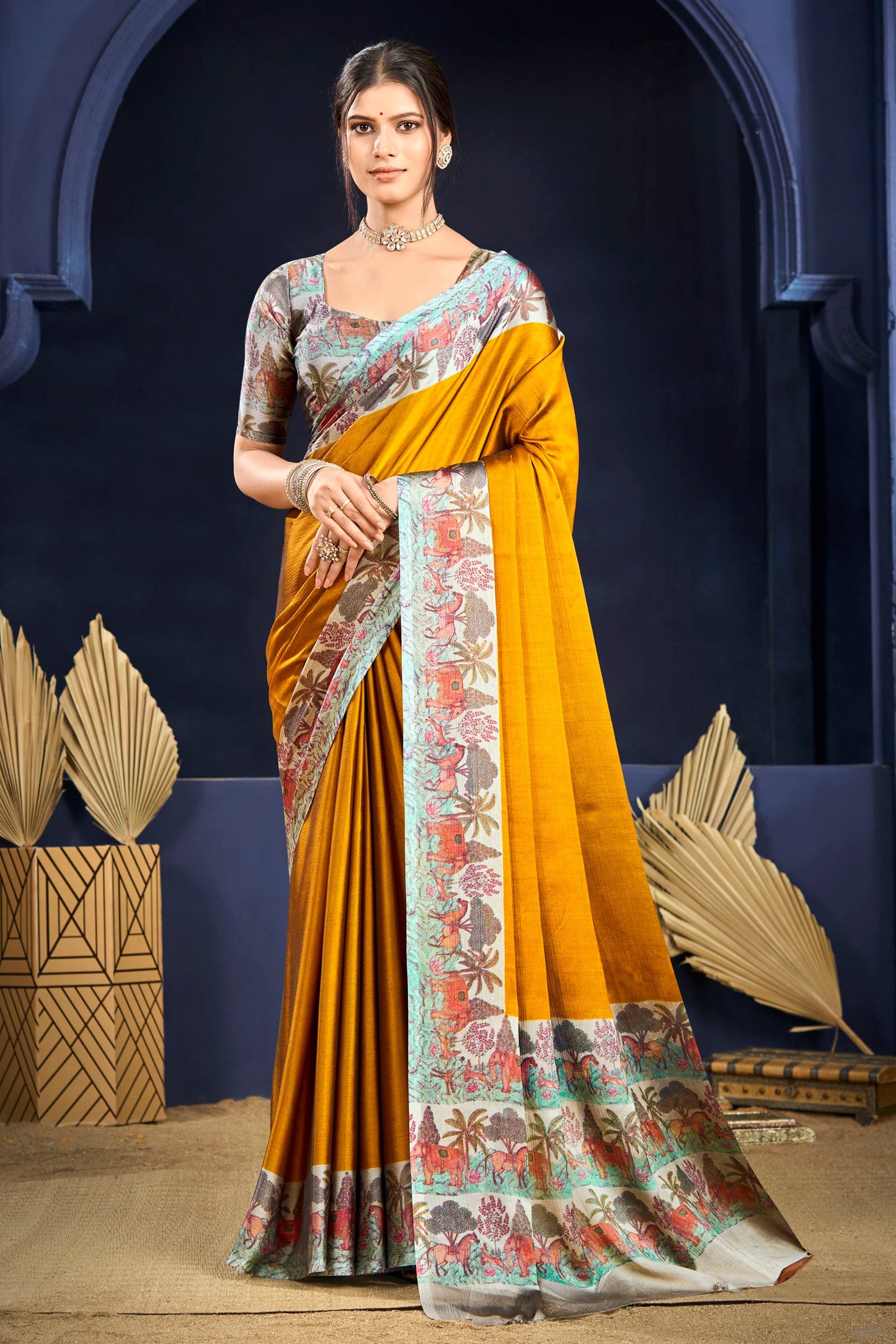 Varnika - Yellow Printed Flow Chiffon Saree