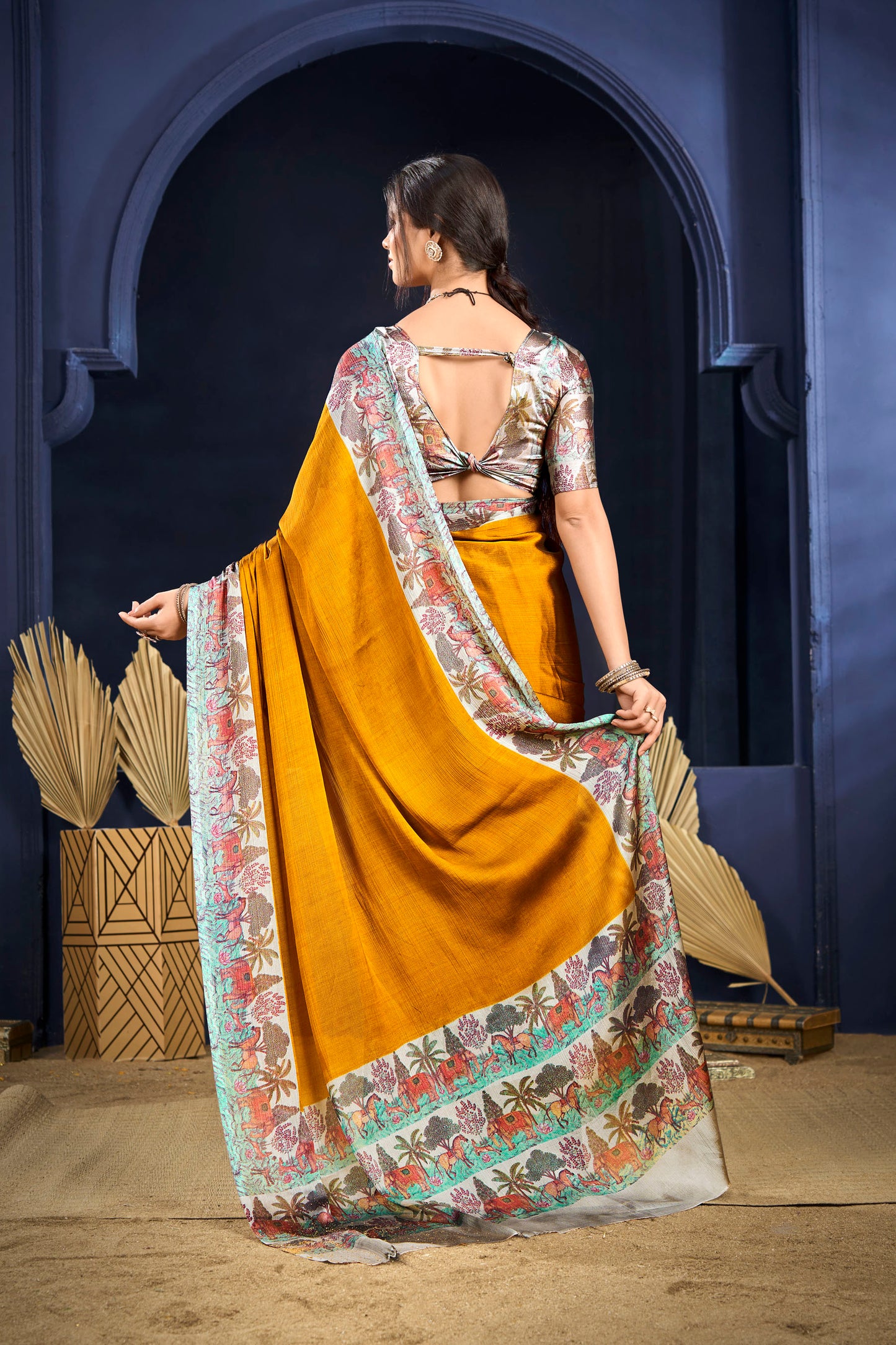 Varnika - Yellow Printed Flow Chiffon Saree