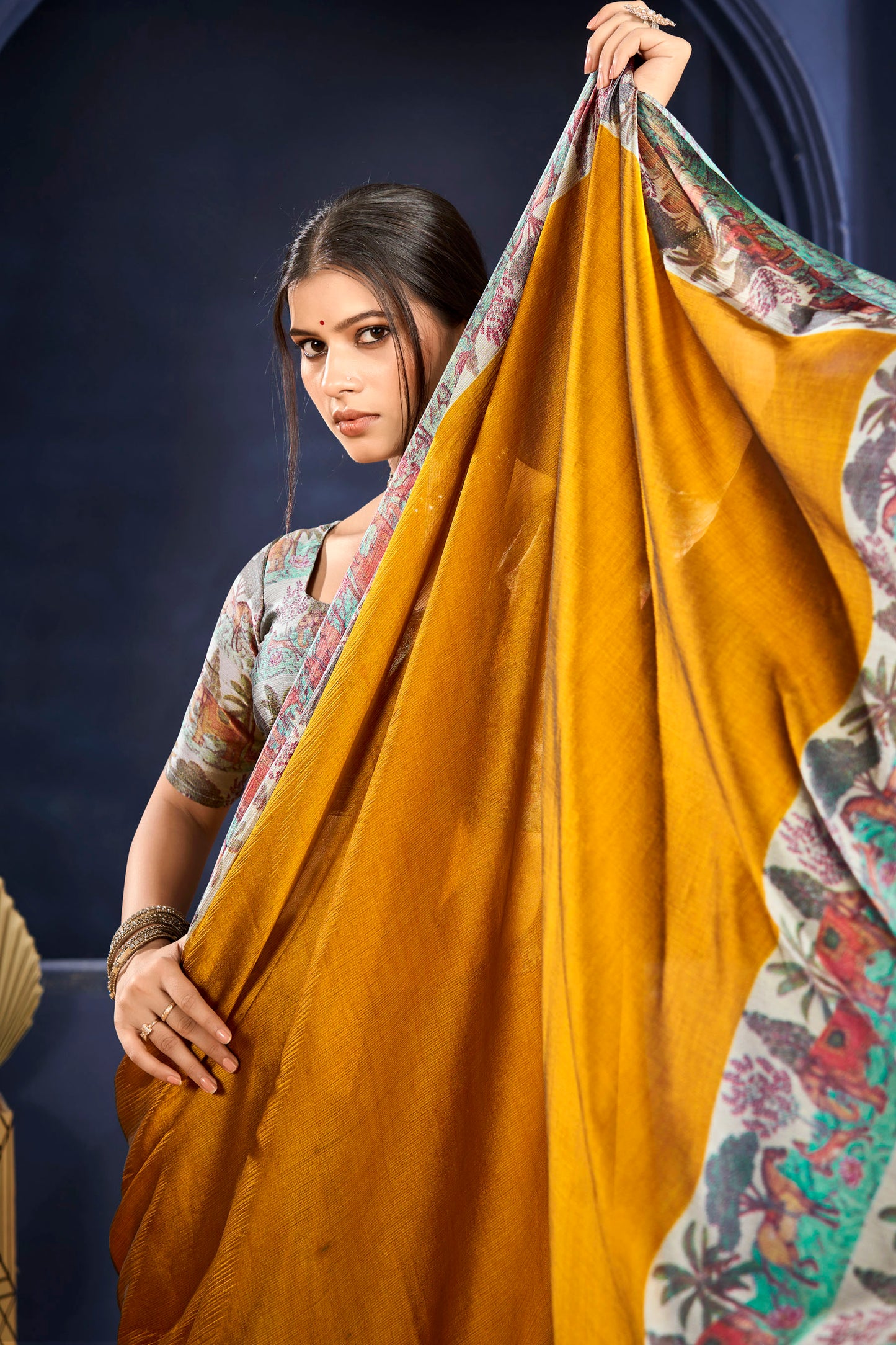 Varnika - Yellow Printed Flow Chiffon Saree