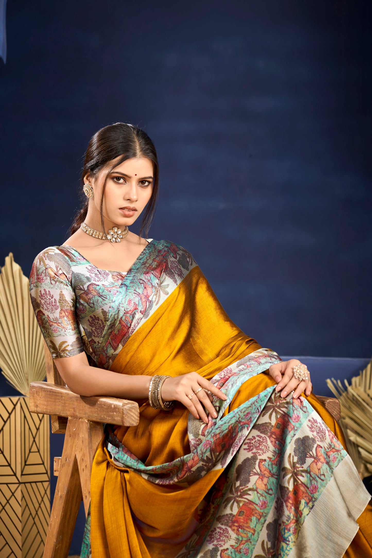 Varnika - Yellow Printed Flow Chiffon Saree