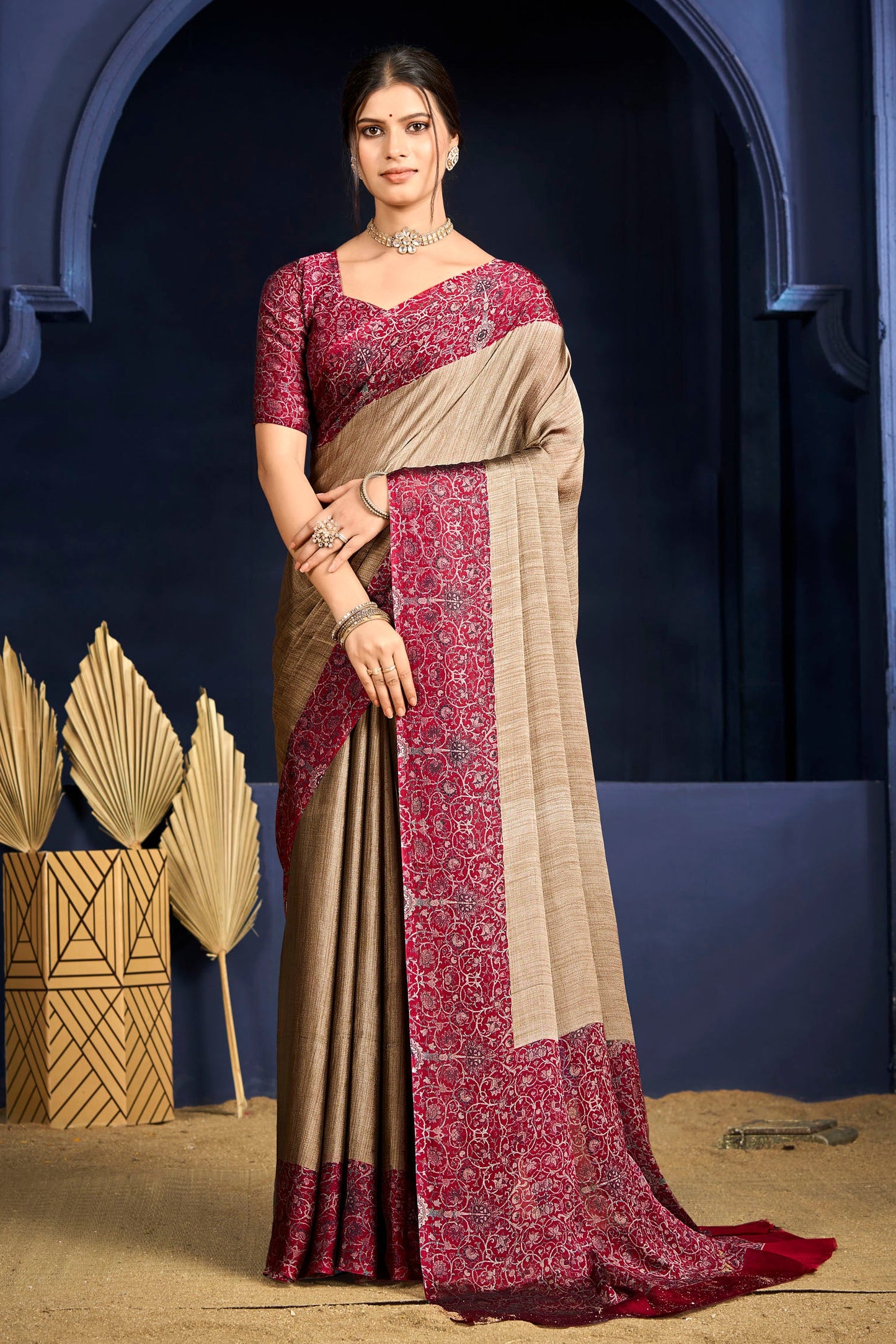 Varnika - Pink Printed Flow Chiffon Saree