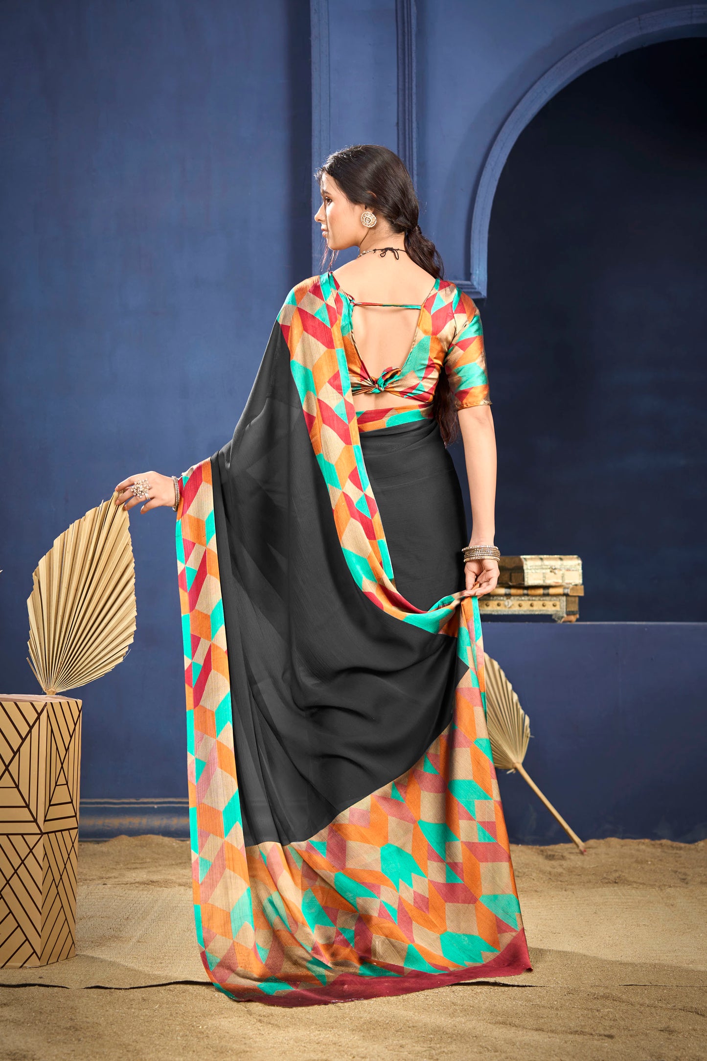 Varnika - Black Printed Flow Chiffon Saree
