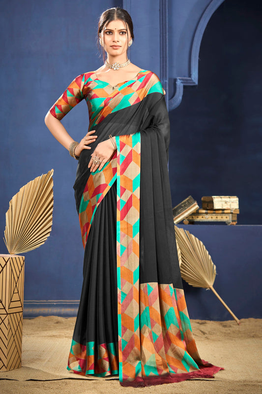 Varnika - Black Printed Flow Chiffon Saree