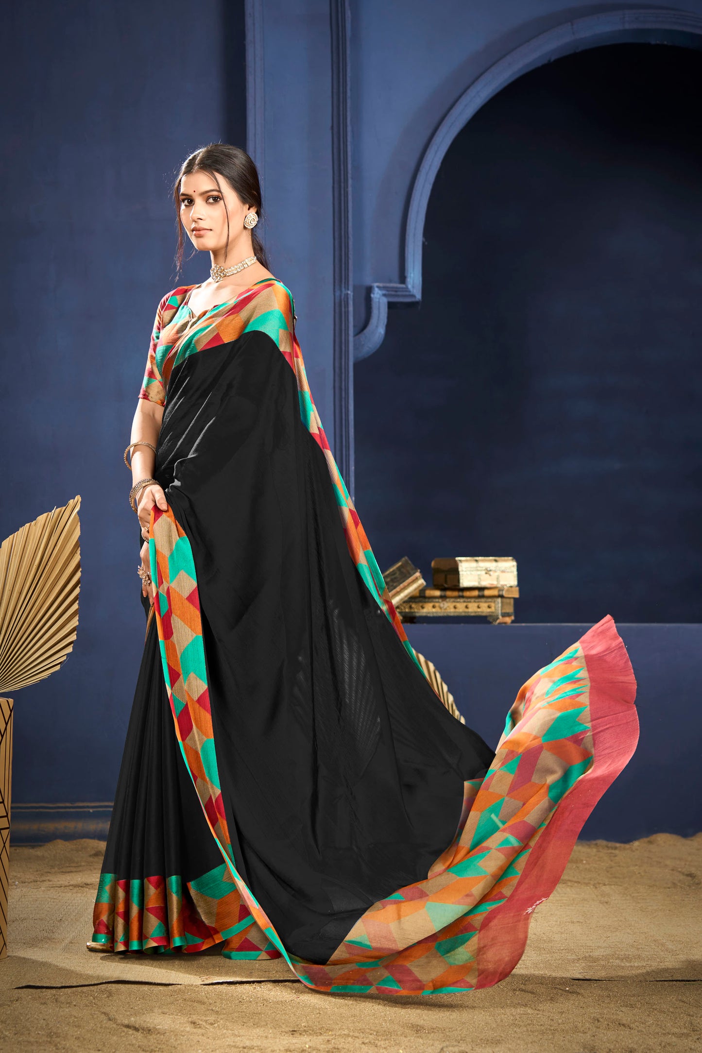 Varnika - Black Printed Flow Chiffon Saree
