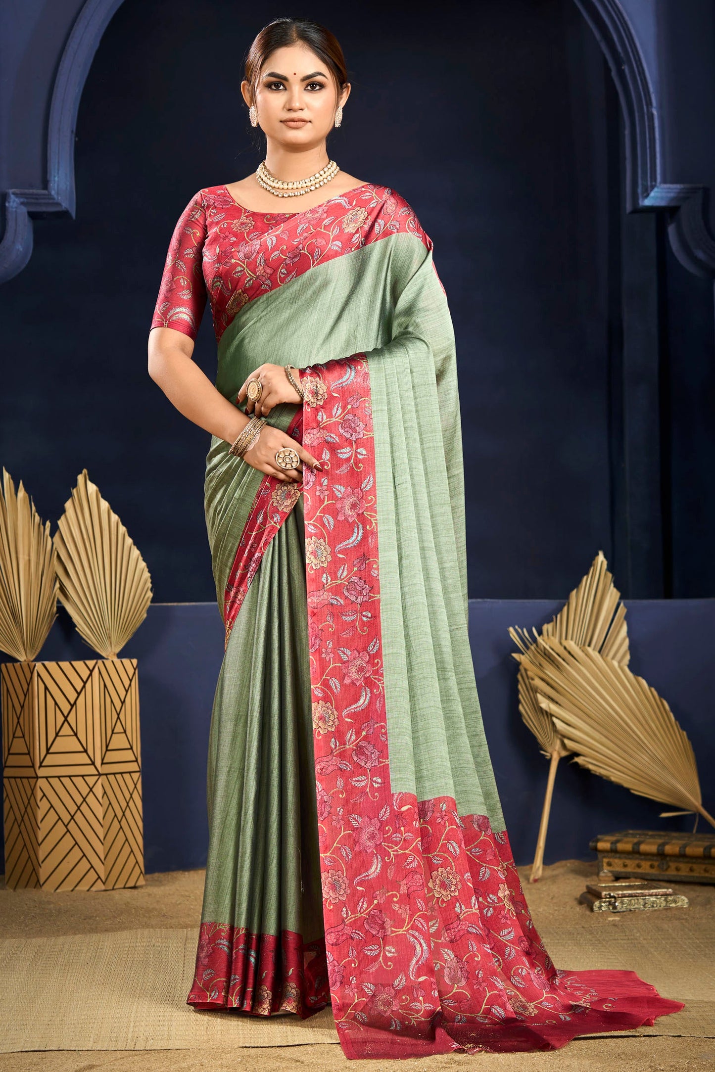 Varnika - Green Printed Flow Chiffon Saree