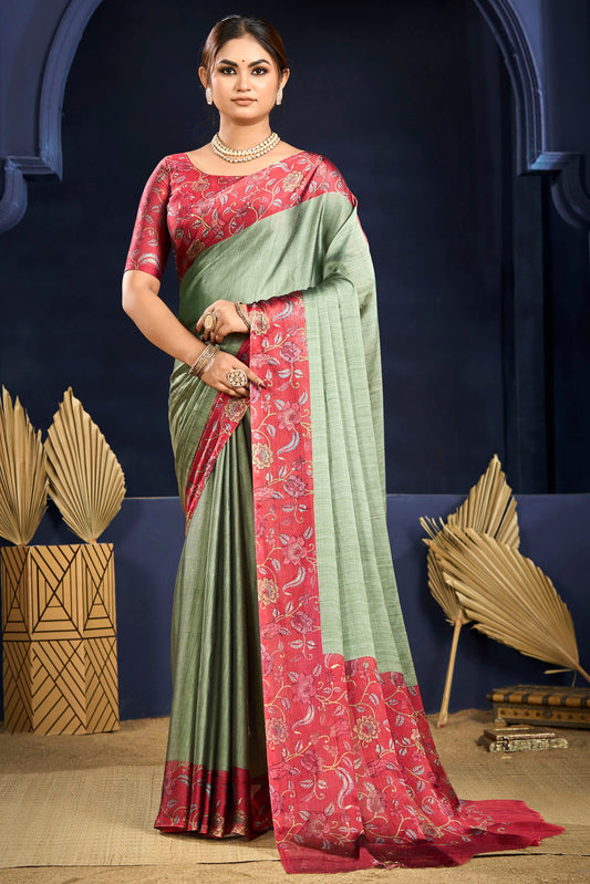 Varnika - Green Printed Flow Chiffon Saree