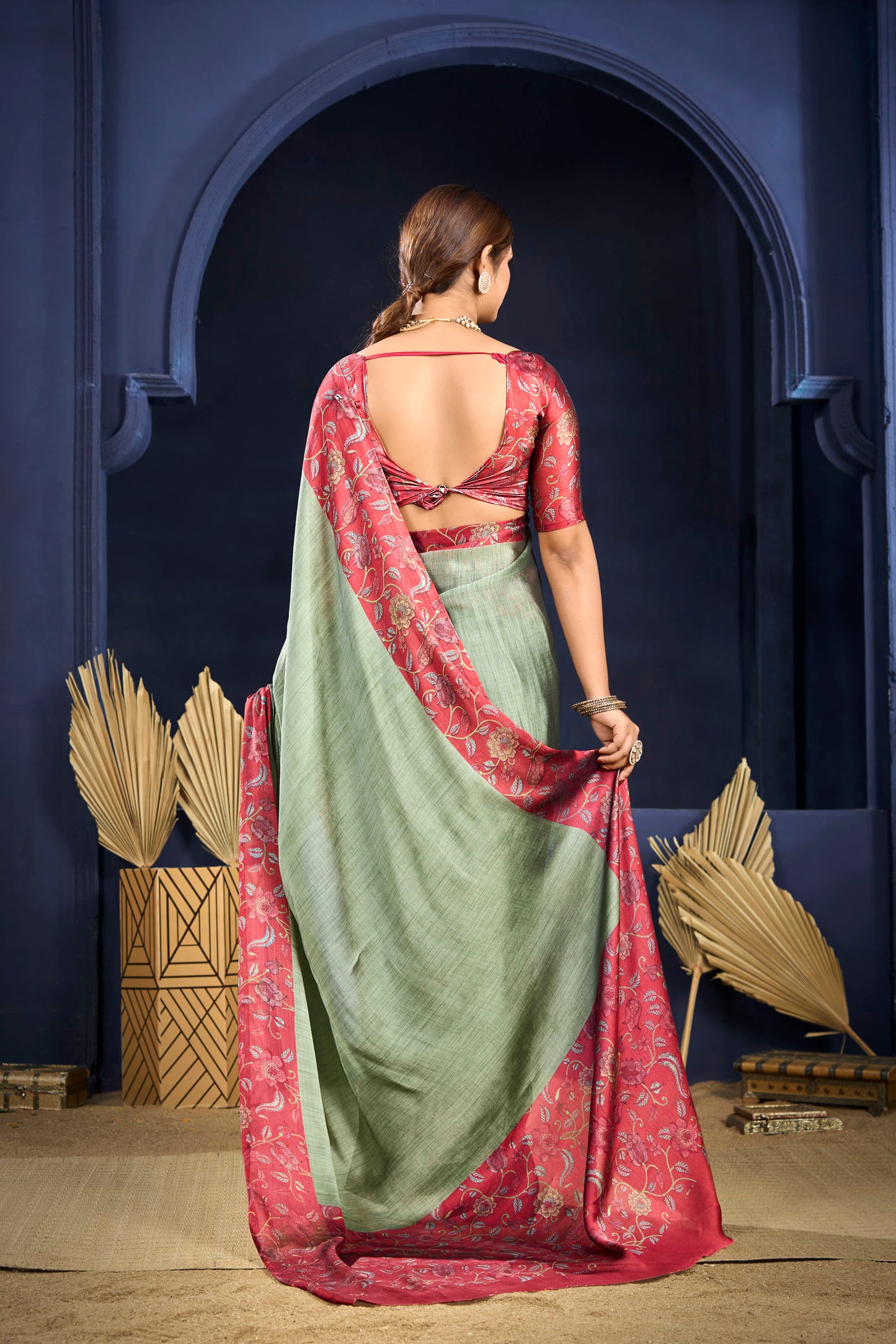 Varnika - Green Printed Flow Chiffon Saree