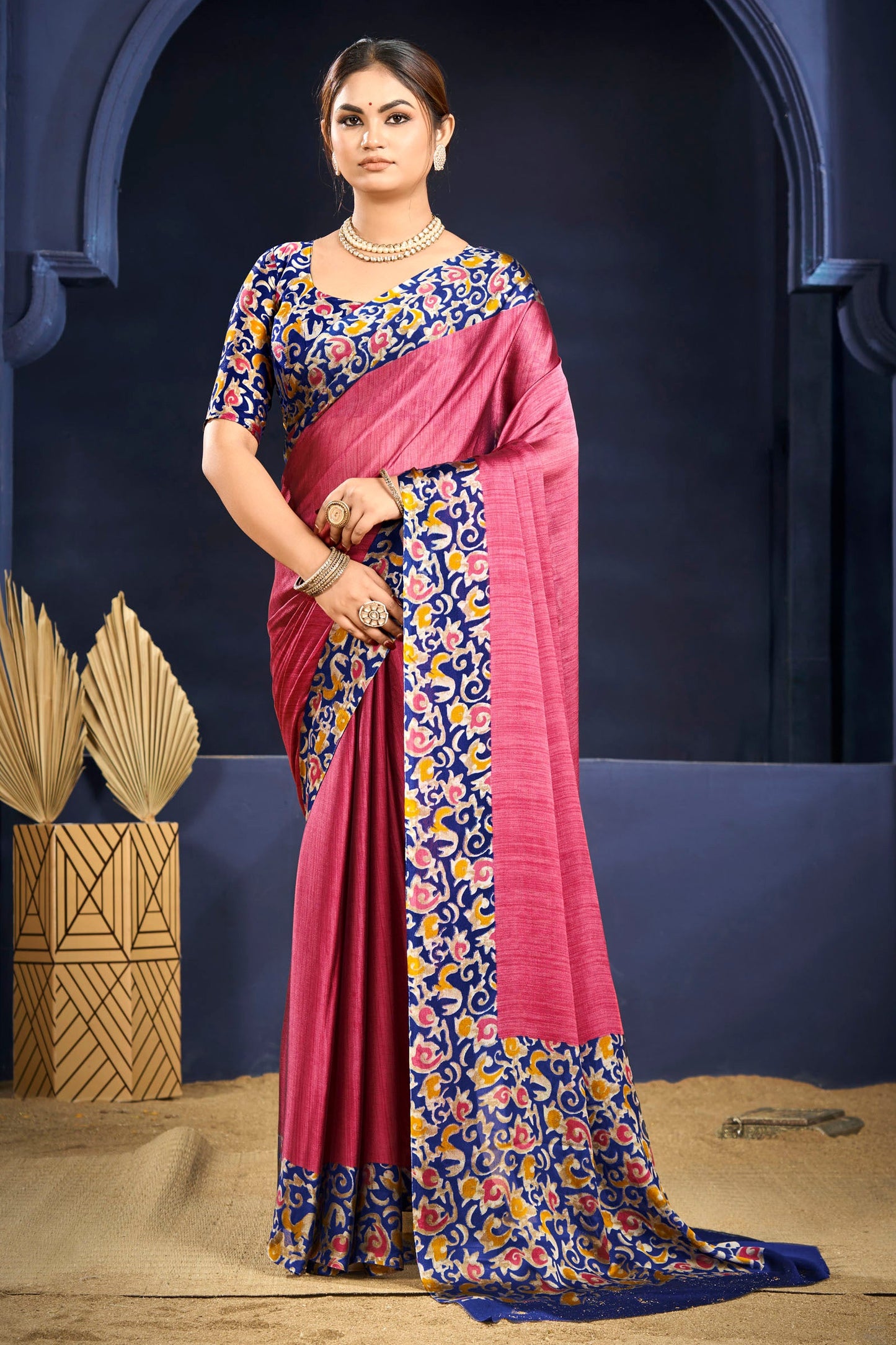 Varnika - Pink Printed Flow Chiffon Saree
