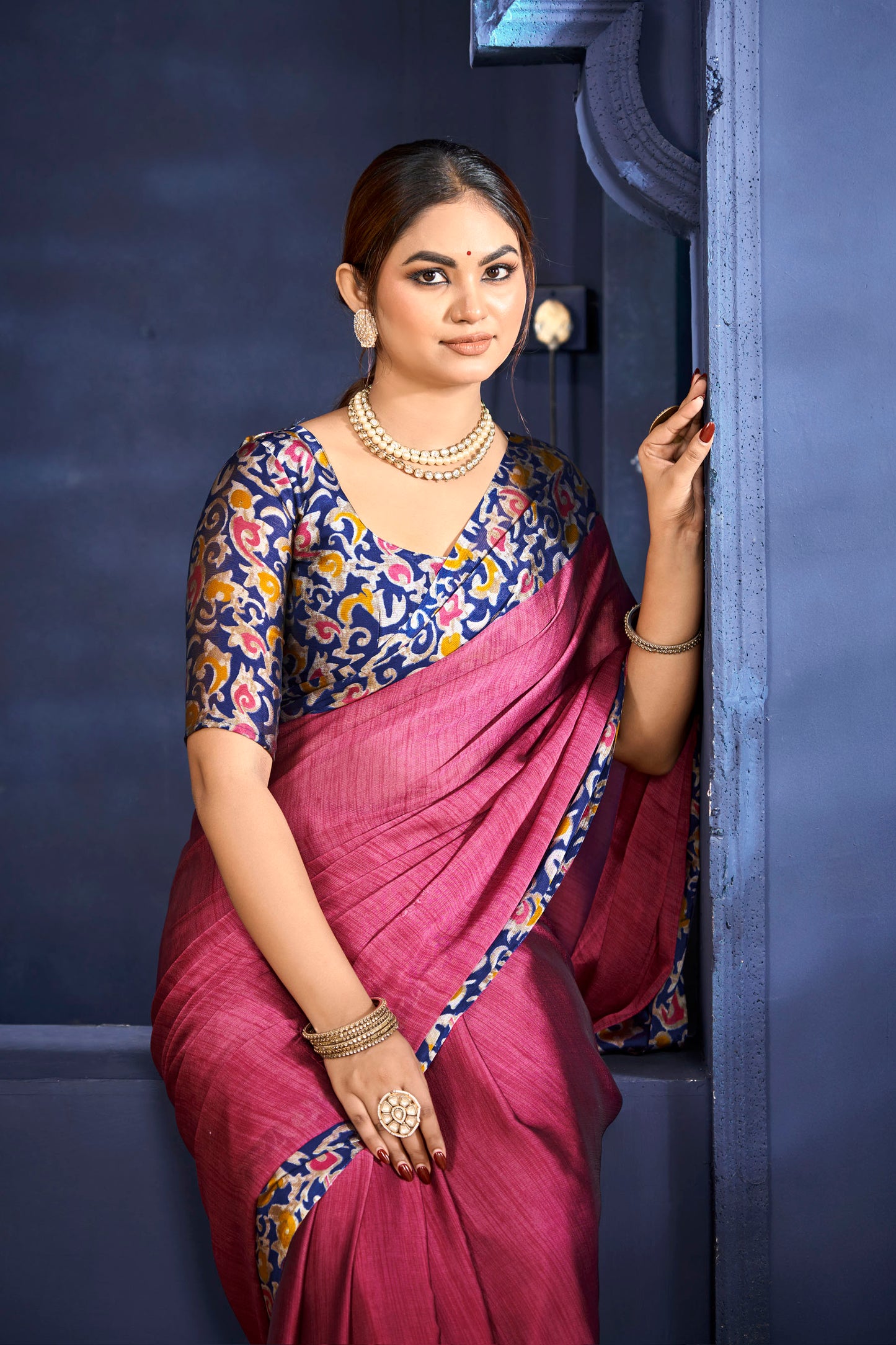 Varnika - Pink Printed Flow Chiffon Saree