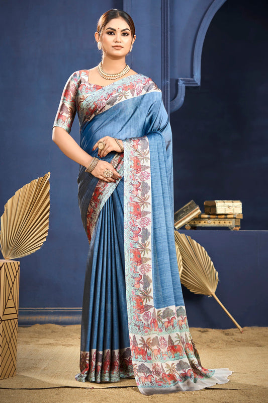 Varnika - Blue Printed Flow Chiffon Saree