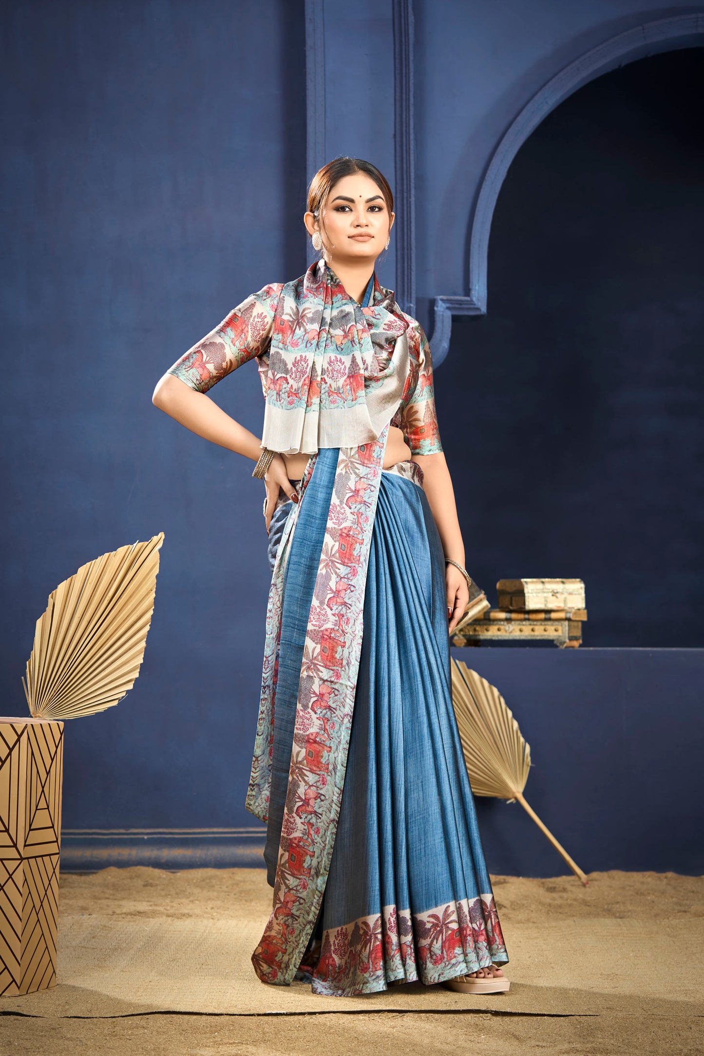 Varnika - Blue Printed Flow Chiffon Saree