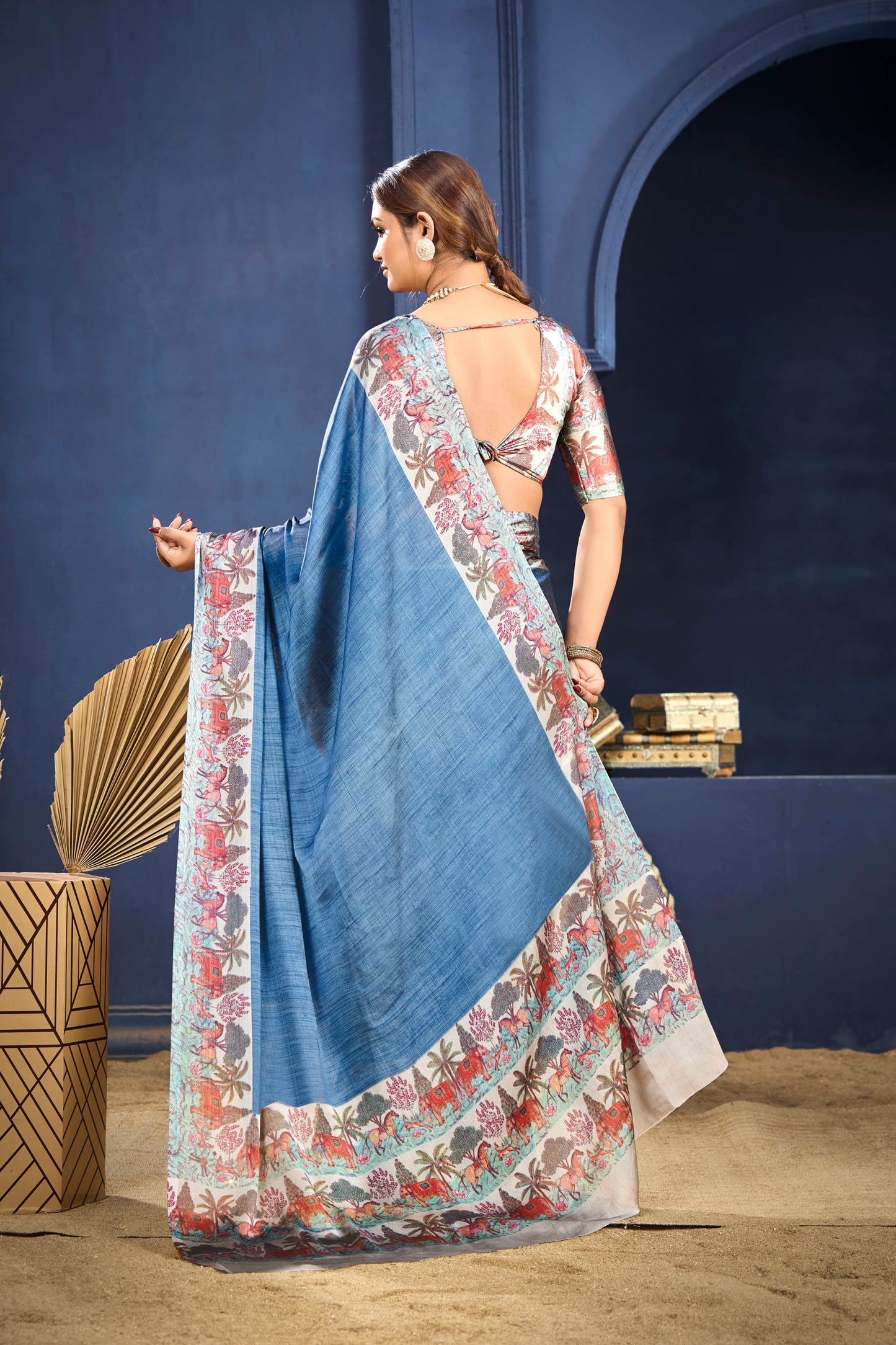 Varnika - Blue Printed Flow Chiffon Saree