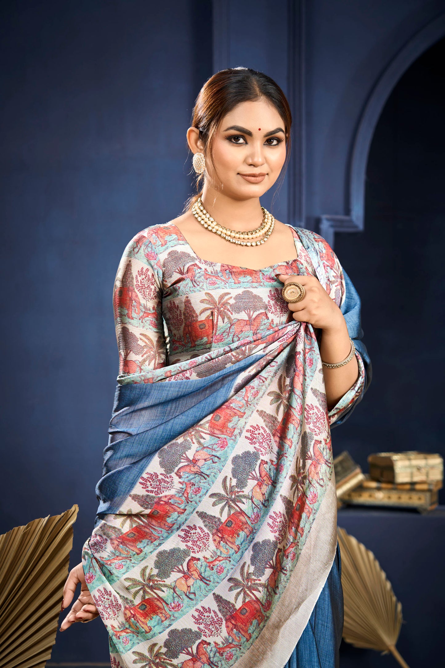 Varnika - Blue Printed Flow Chiffon Saree