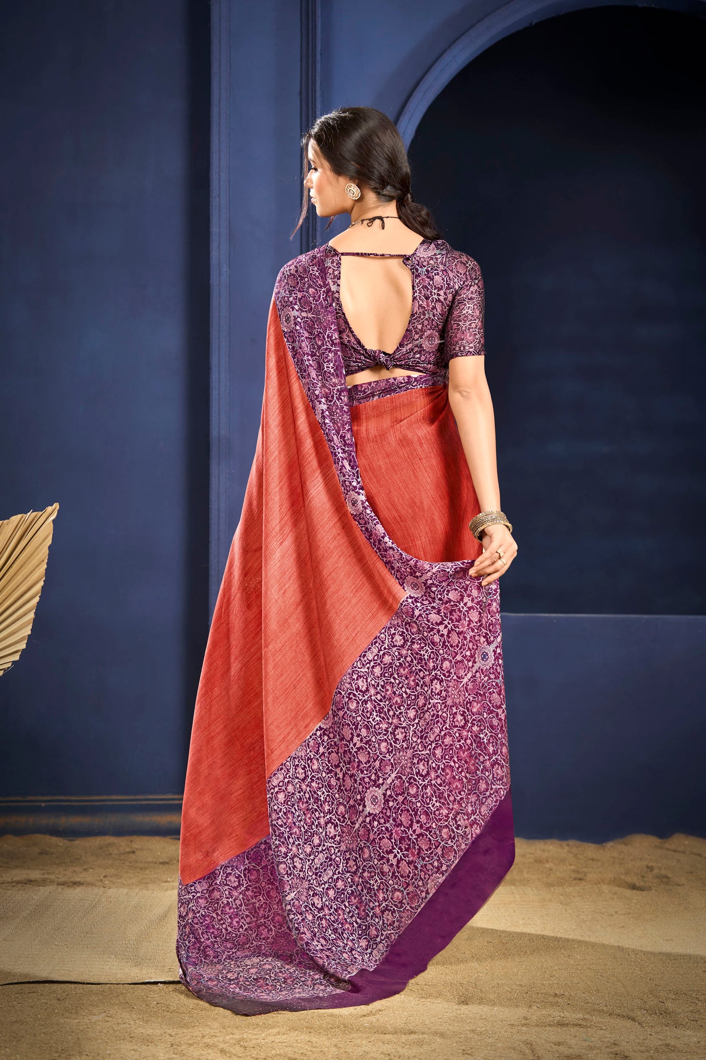 Varnika - Orange Printed Flow Chiffon Saree