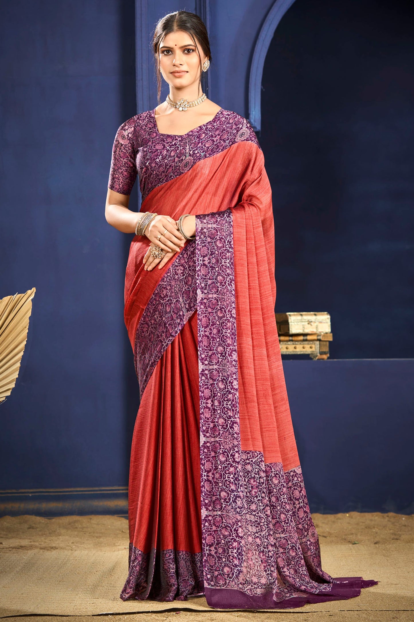 Varnika - Orange Printed Flow Chiffon Saree