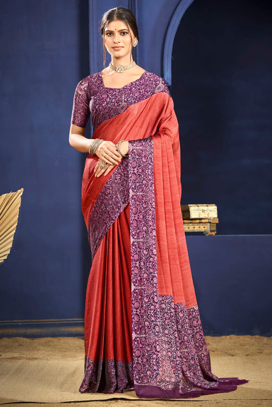 Varnika - Orange Printed Flow Chiffon Saree