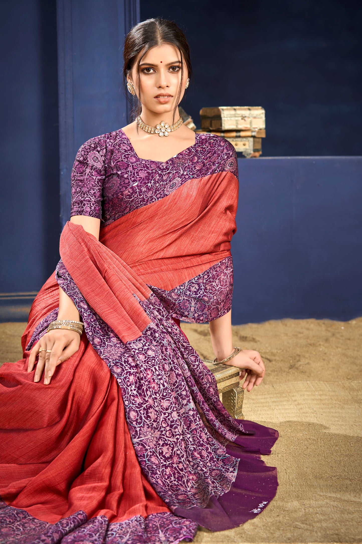 Varnika - Orange Printed Flow Chiffon Saree