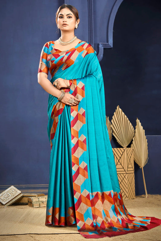 Varnika - Peacock Blue Printed Flow Chiffon Saree
