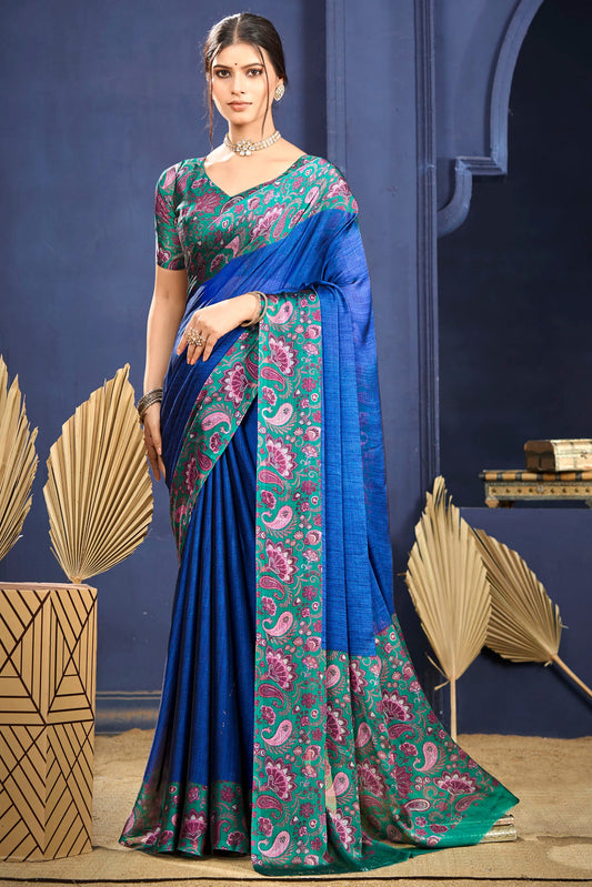Varnika - Blue Printed Flow Chiffon Saree