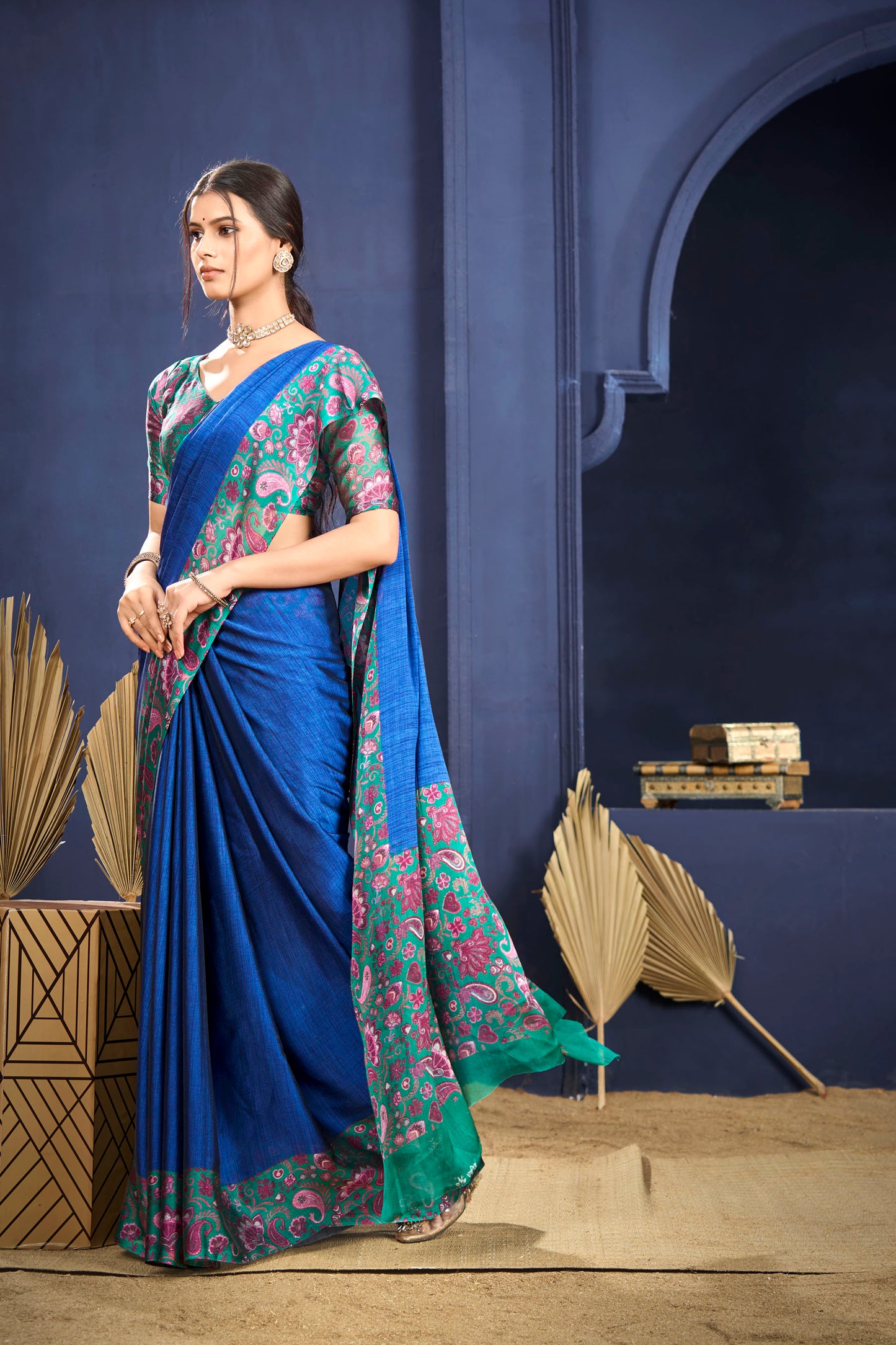 Varnika - Blue Printed Flow Chiffon Saree