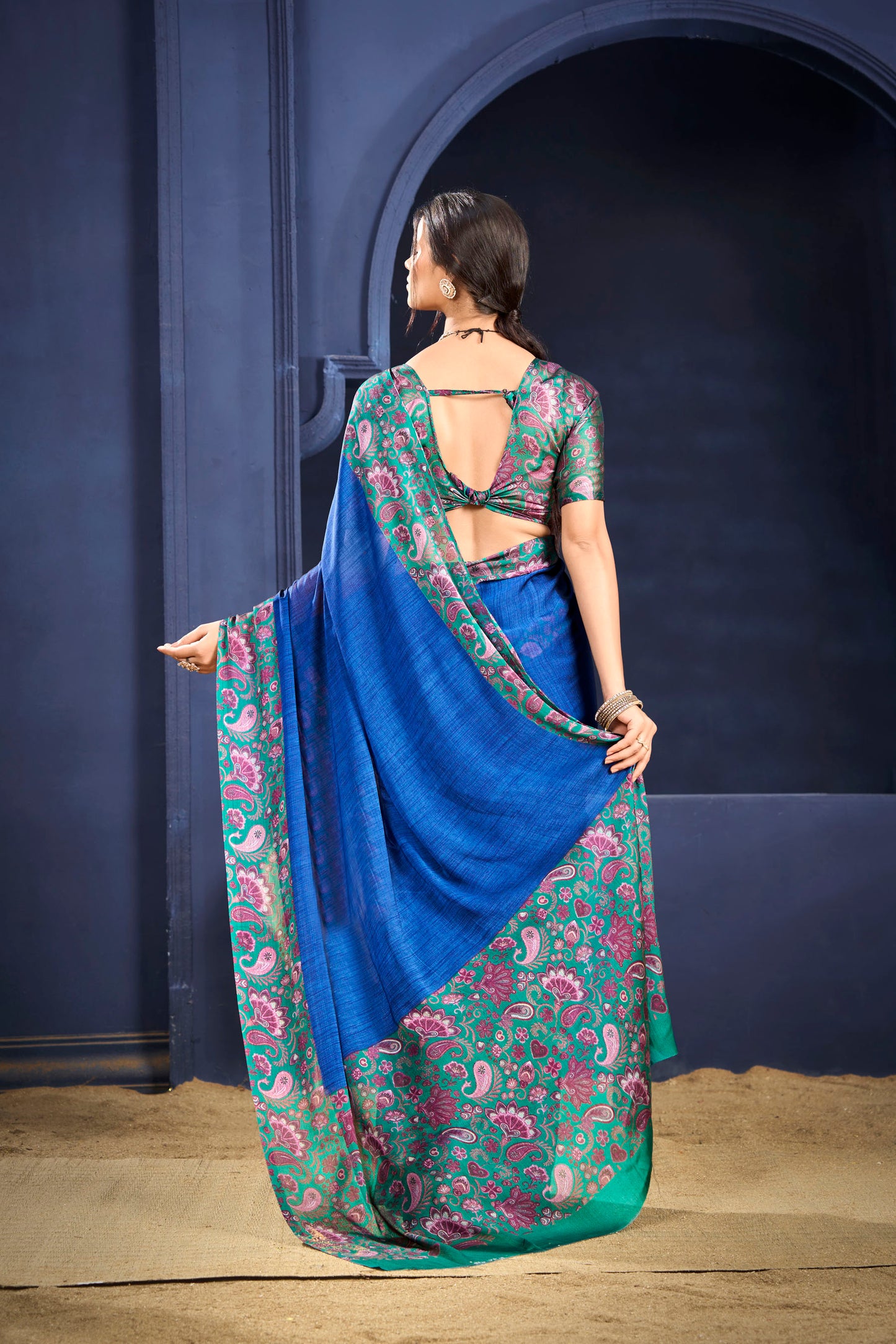 Varnika - Blue Printed Flow Chiffon Saree