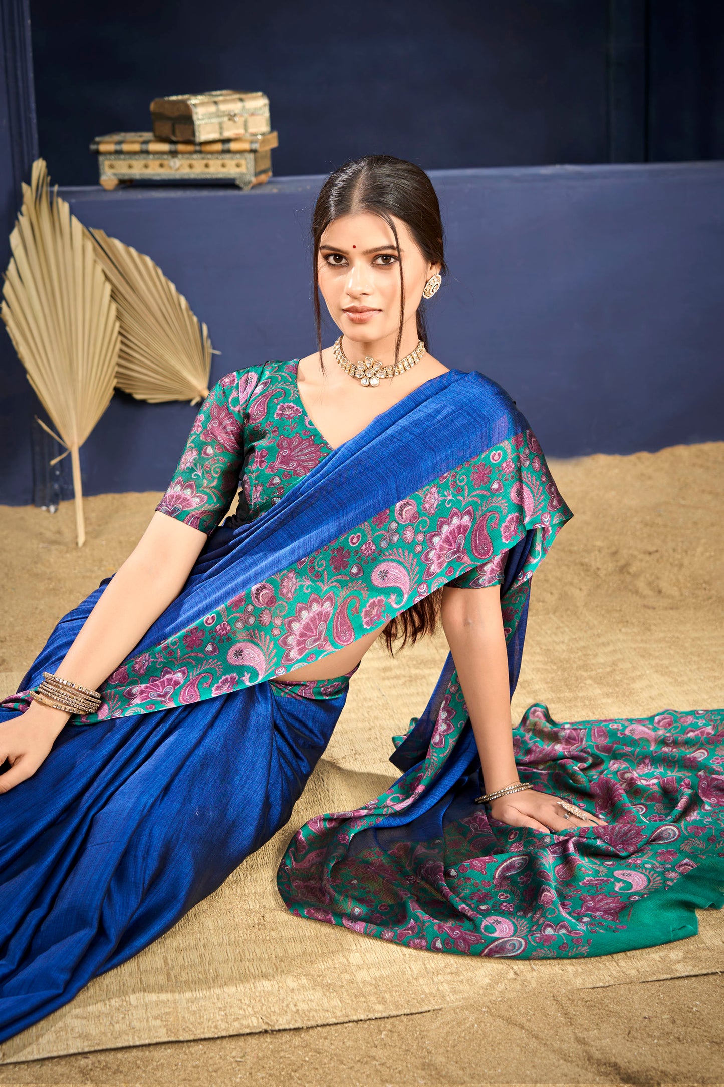 Varnika - Blue Printed Flow Chiffon Saree
