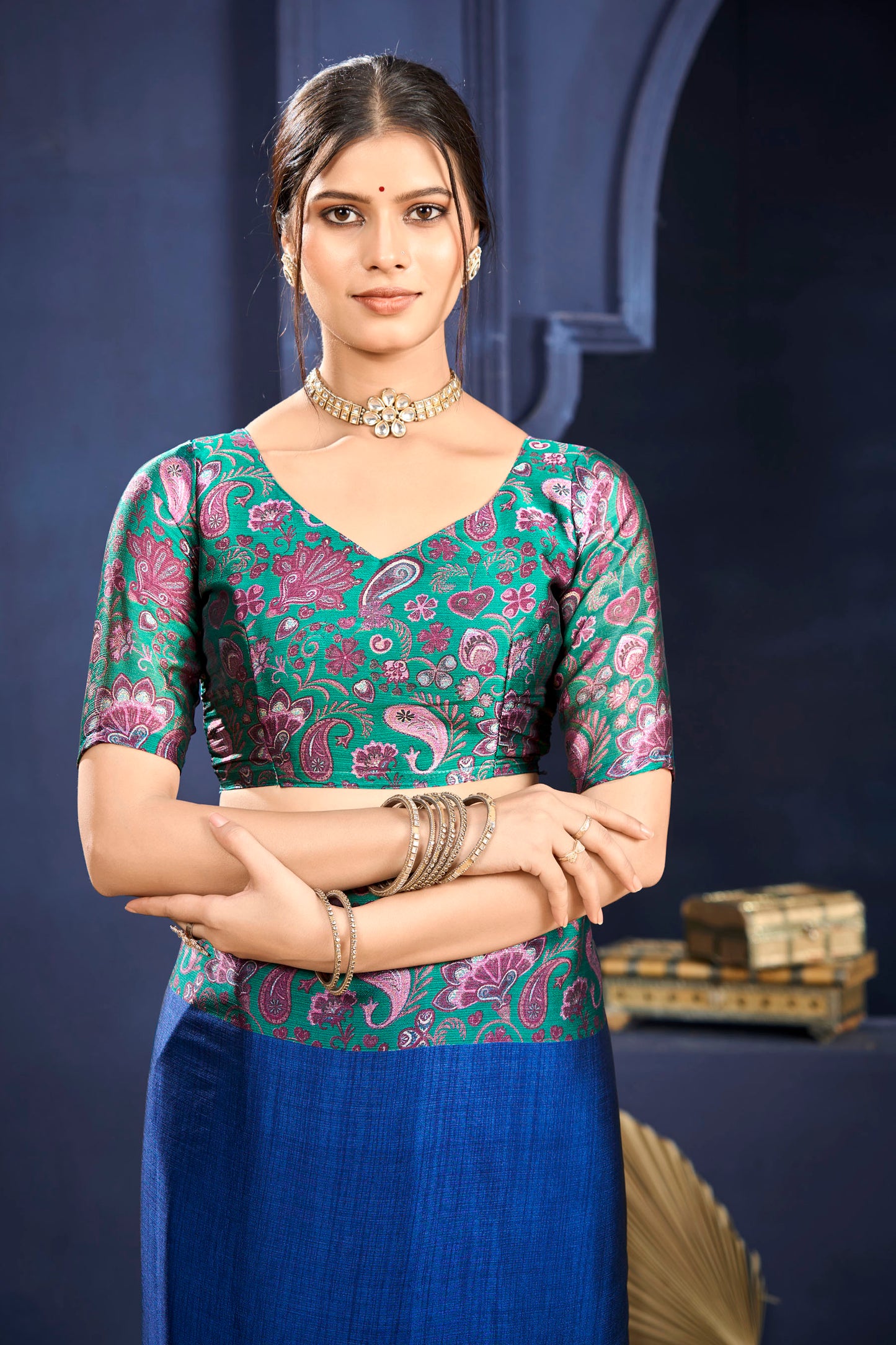 Varnika - Blue Printed Flow Chiffon Saree