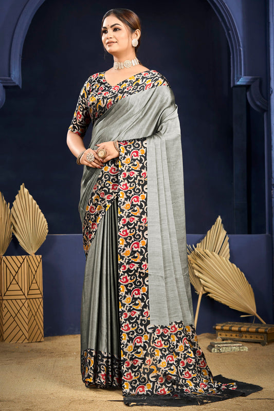 Varnika - Grey Printed Flow Chiffon Saree