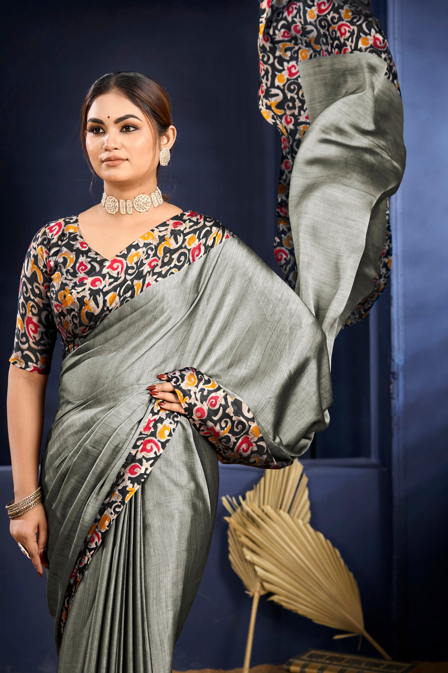 Varnika - Grey Printed Flow Chiffon Saree