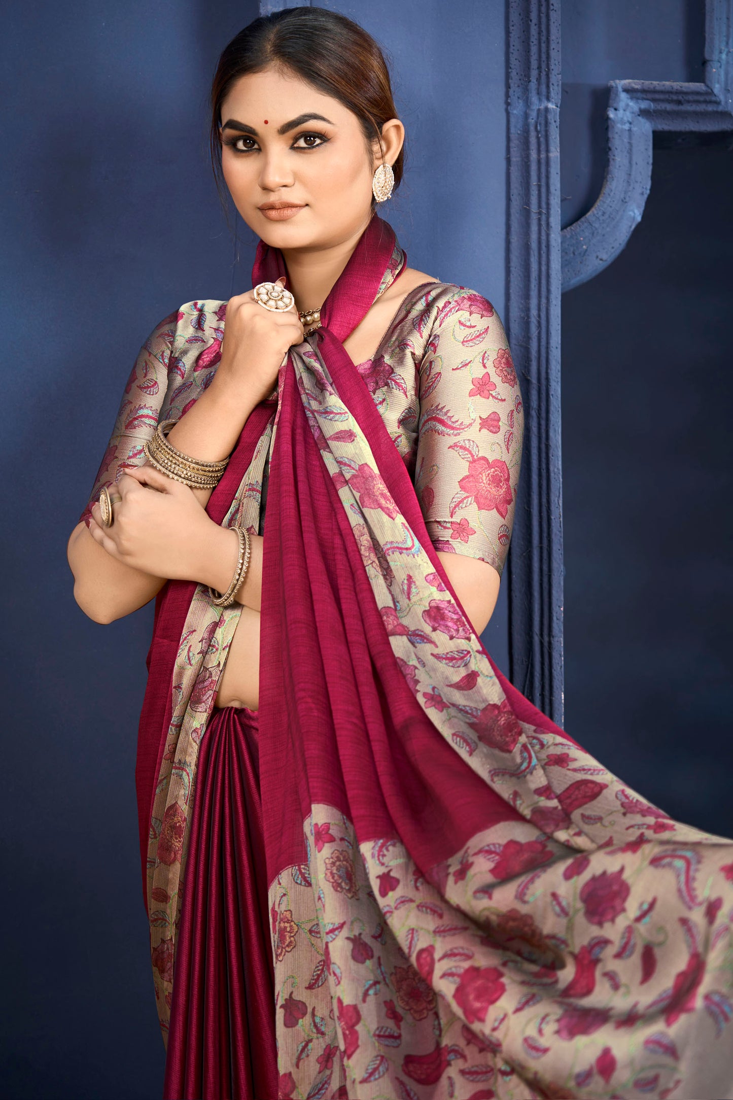 Varnika - Pink Printed Flow Chiffon Saree