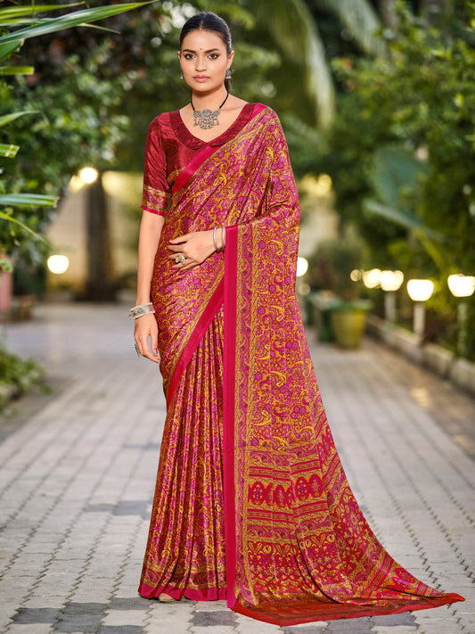 Rajkala - Red Printed Crepe Silk Saree