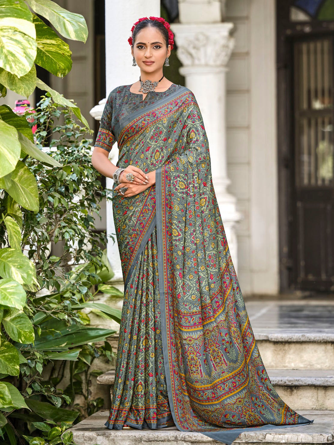 Rajkala - Grey Printed Crepe Silk Saree
