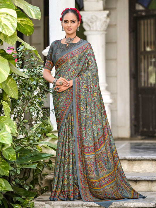 Rajkala - Grey Printed Crepe Silk Saree