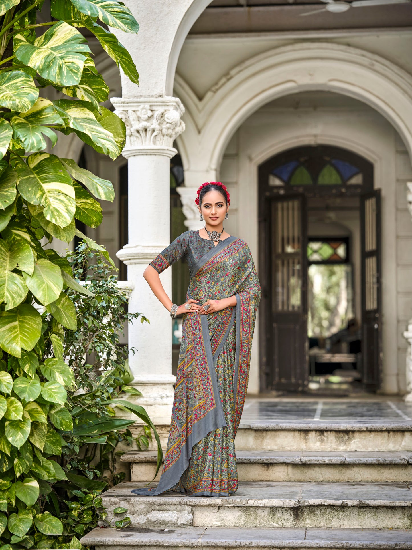 Rajkala - Grey Printed Crepe Silk Saree