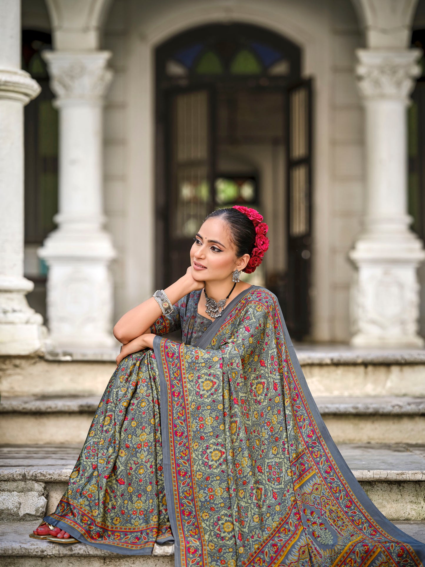 Rajkala - Grey Printed Crepe Silk Saree