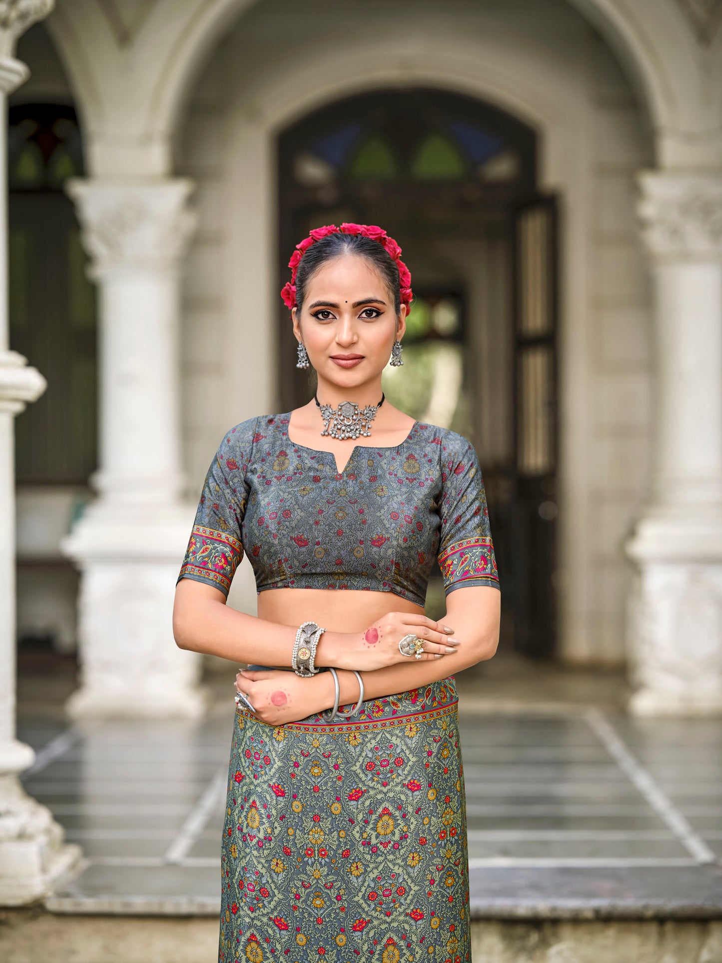 Rajkala - Grey Printed Crepe Silk Saree
