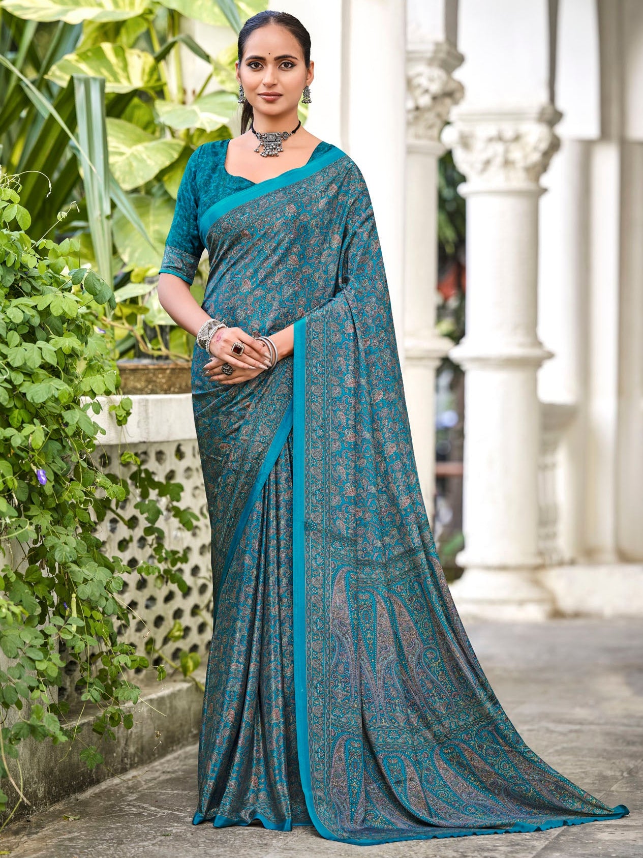 Rajkala - Peacock Blue Printed Crepe Silk Saree