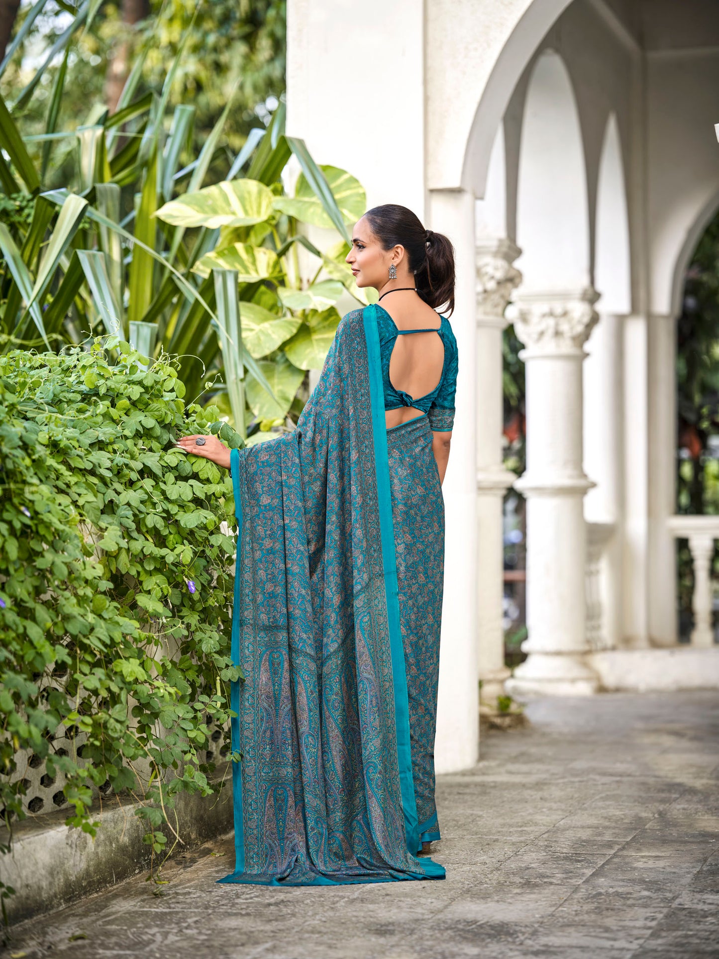 Rajkala - Peacock Blue Printed Crepe Silk Saree