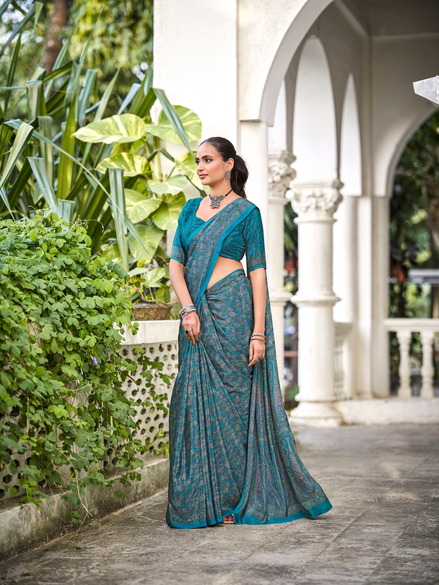 Rajkala - Peacock Blue Printed Crepe Silk Saree