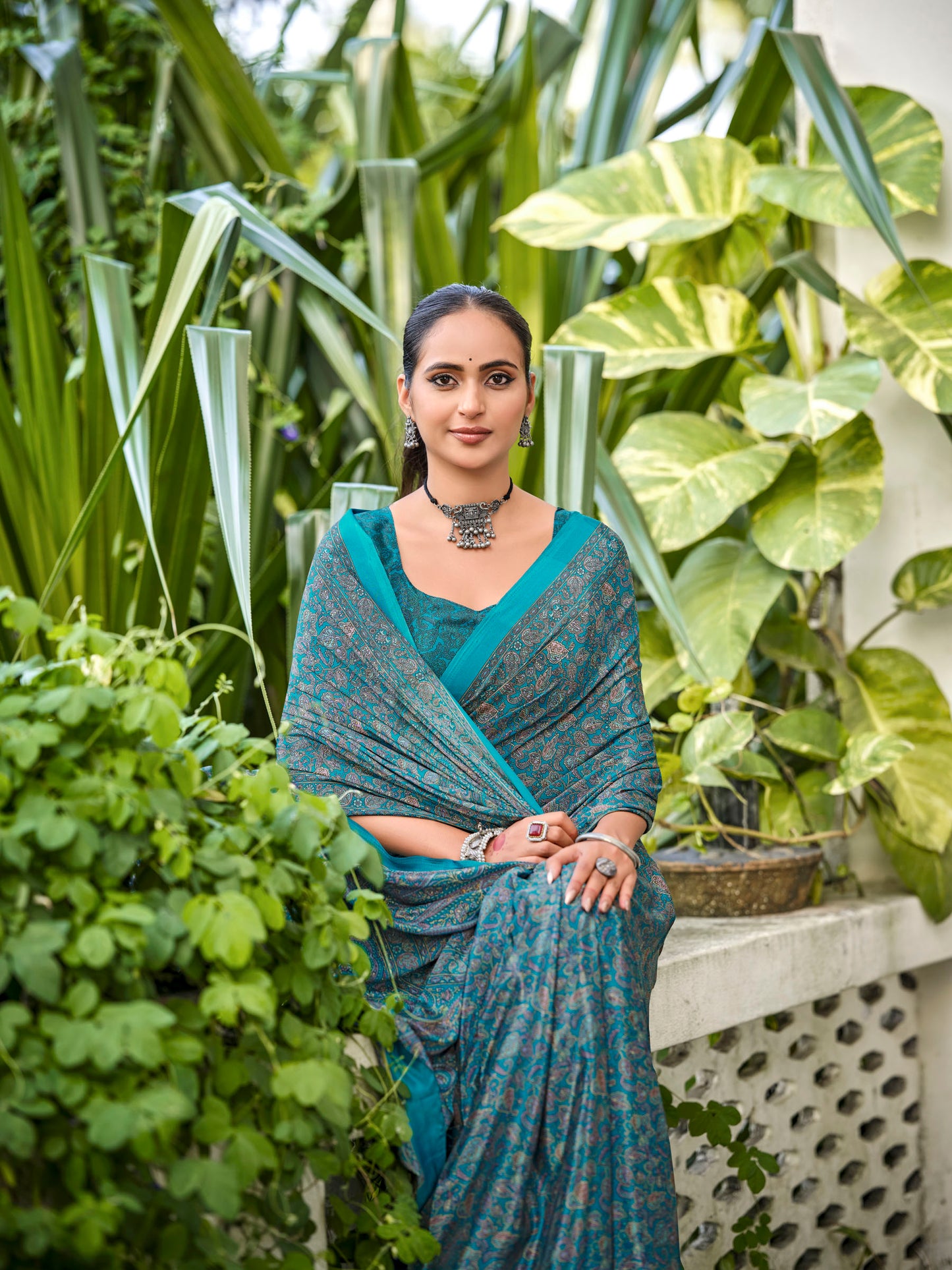 Rajkala - Peacock Blue Printed Crepe Silk Saree