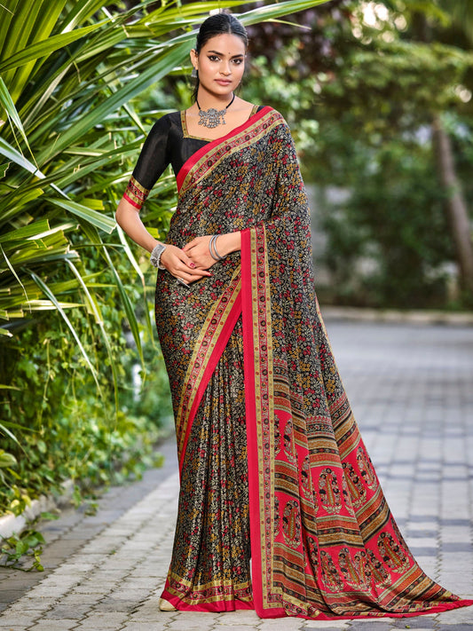 Rajkala - Black Printed Crepe Silk Saree