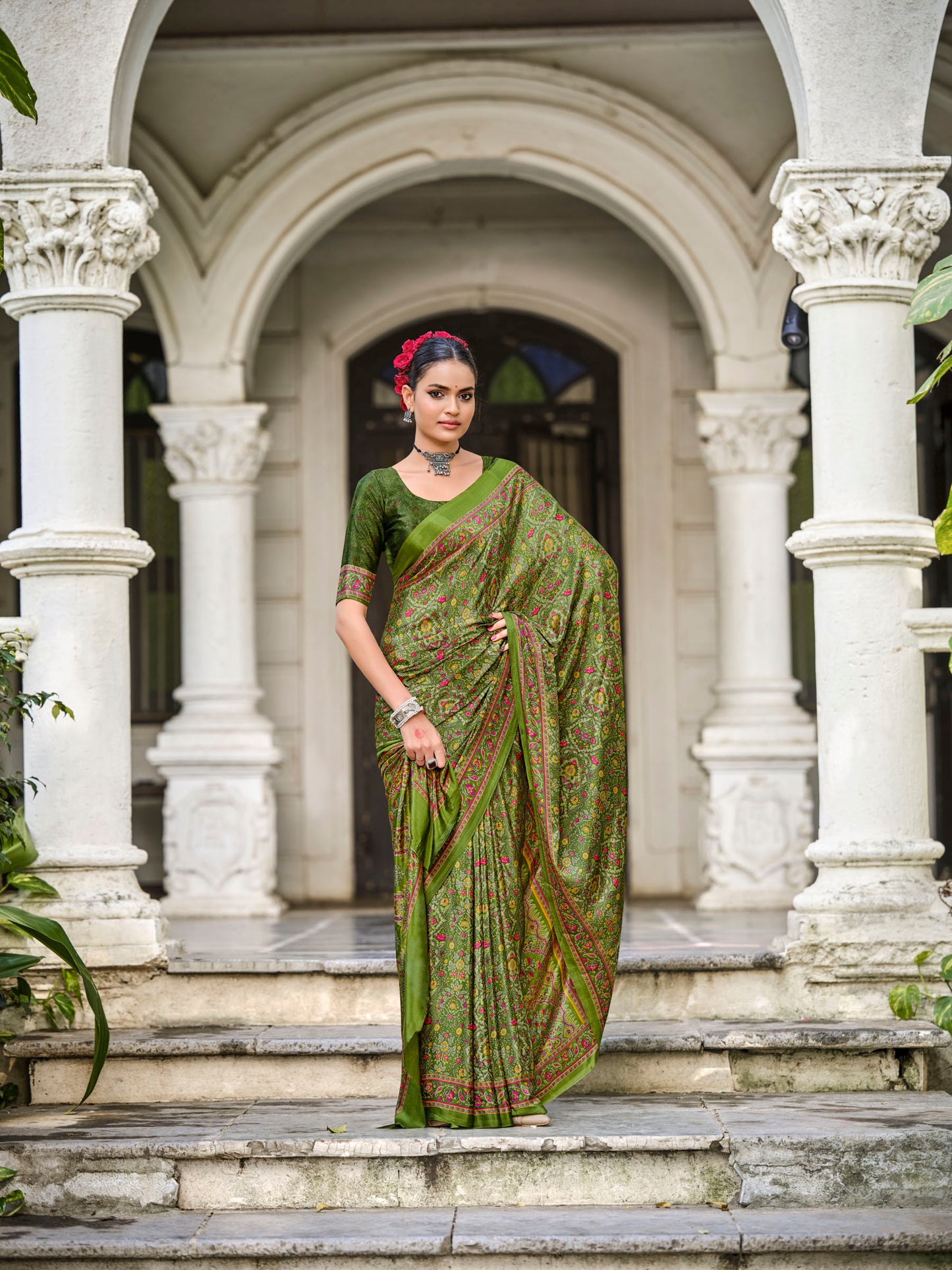 Rajkala - Green Printed Crepe Silk Saree
