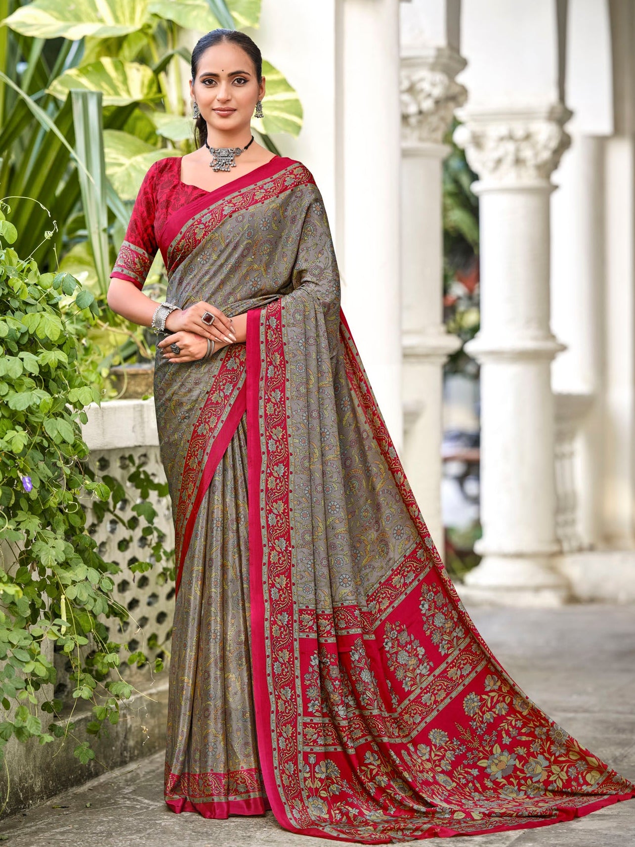 Rajkala - Silver Printed Crepe Silk Saree