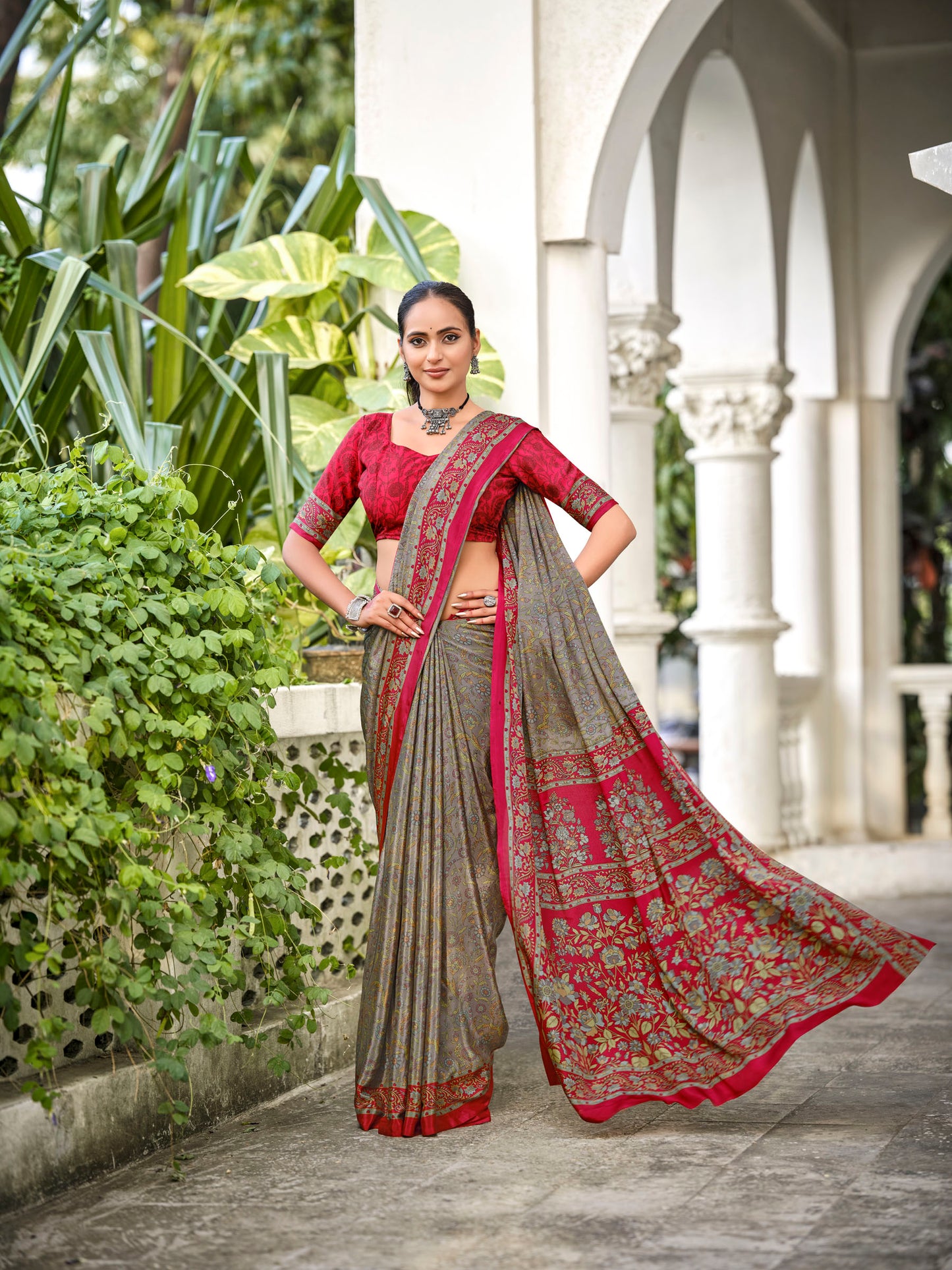 Rajkala - Silver Printed Crepe Silk Saree