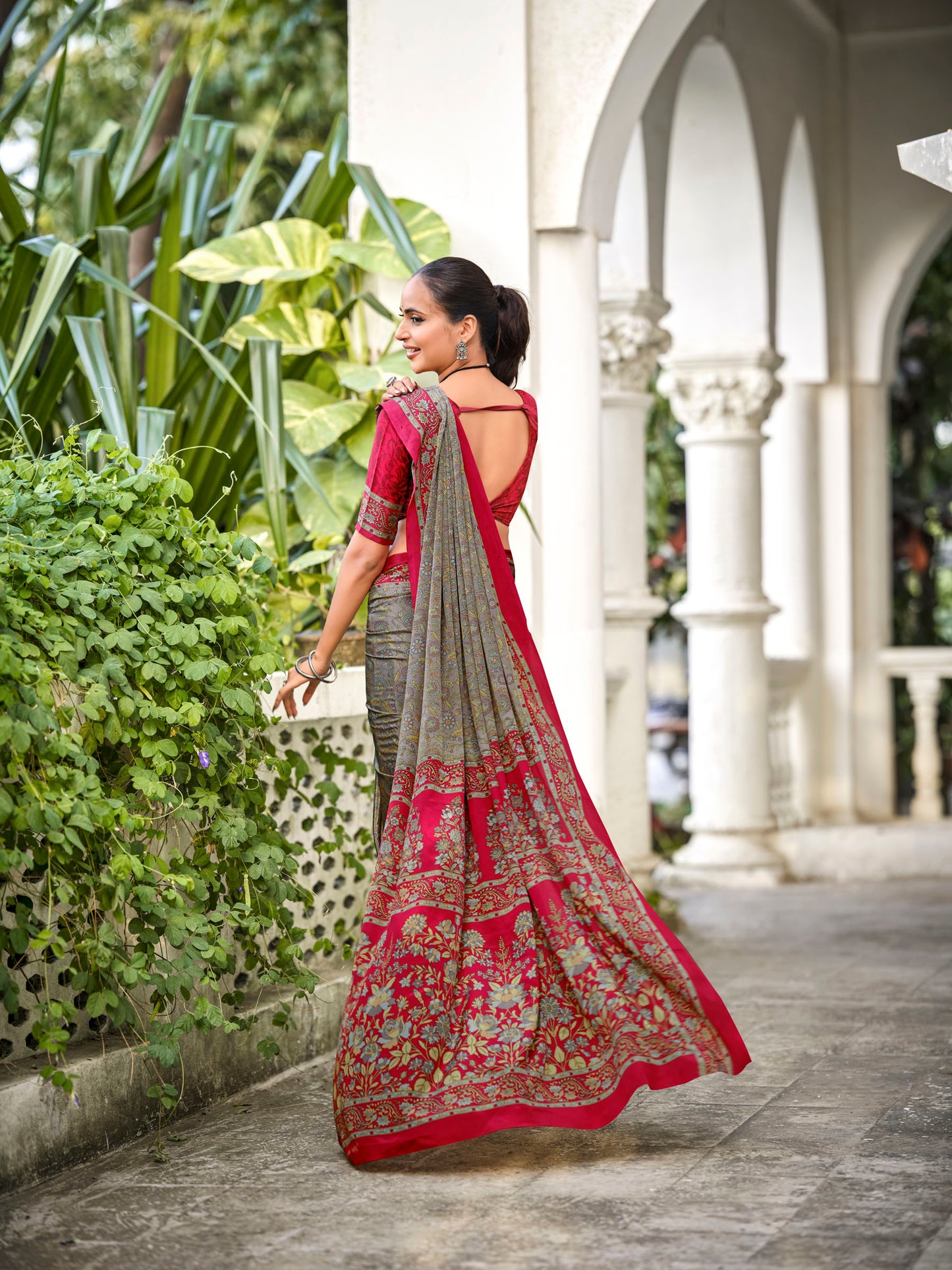 Rajkala - Silver Printed Crepe Silk Saree