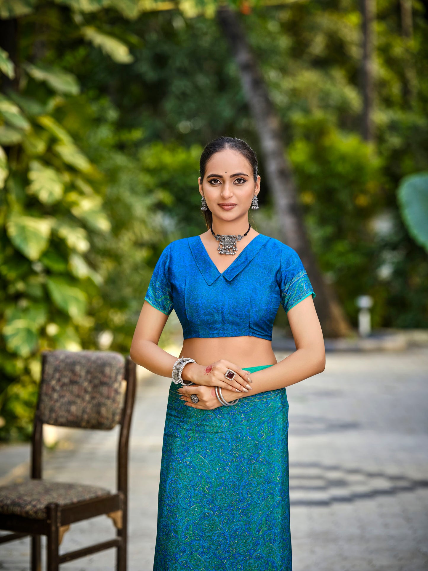 Rajkala - Peacock Blue Printed Crepe Silk Saree